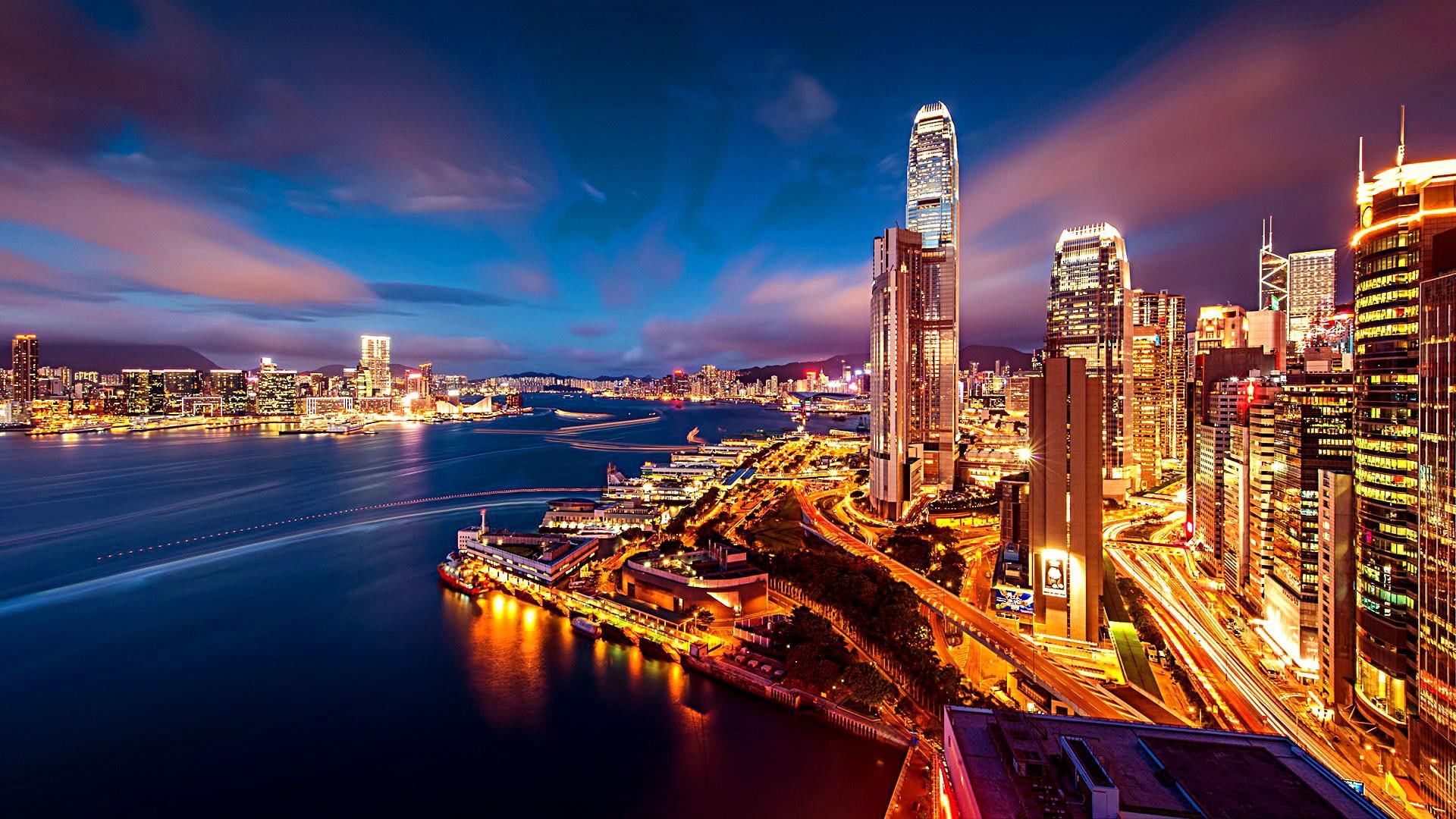 hong kong, harbour, night, lights, cityscape, scenery, city lights