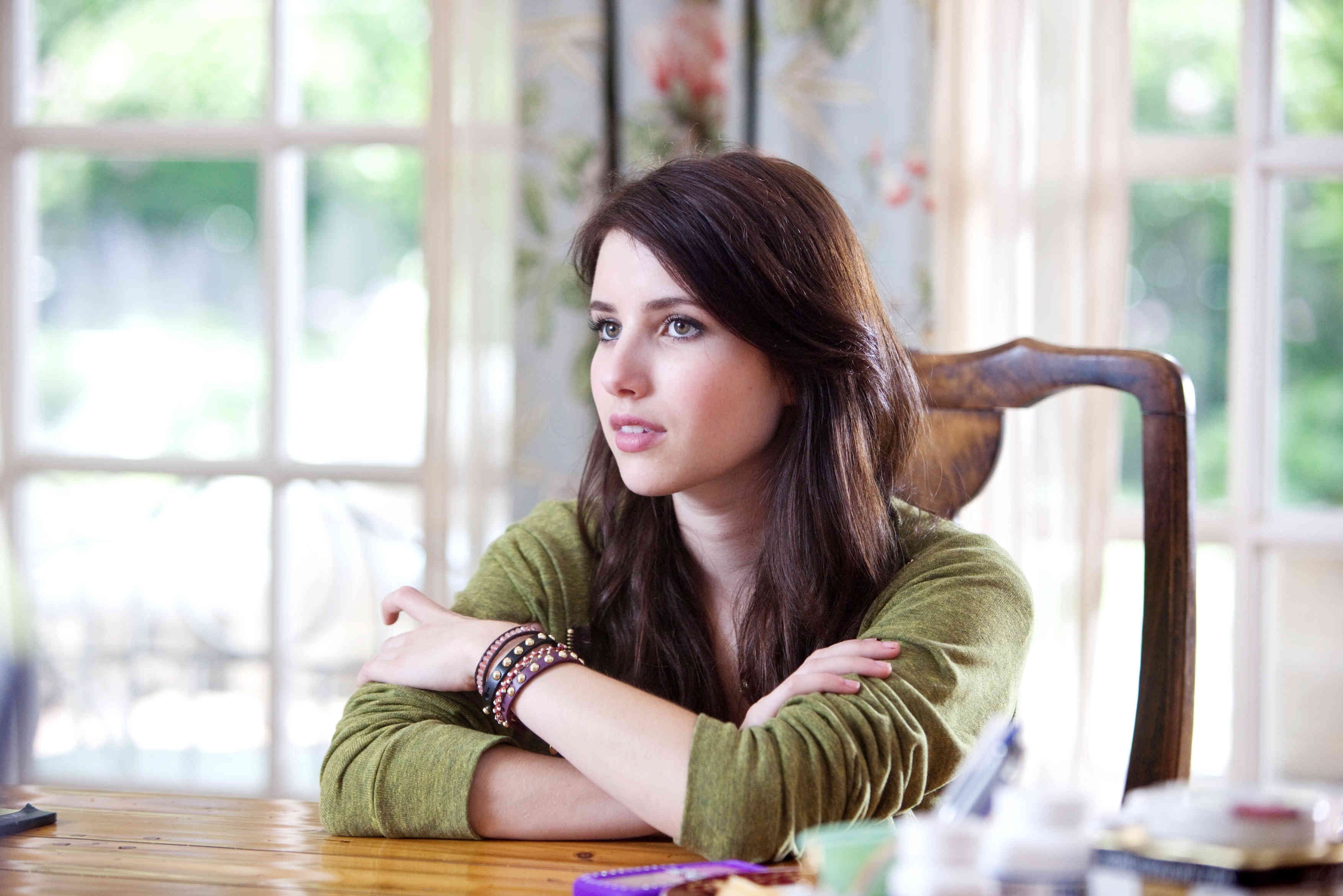 Emma Roberts, sitting, window, table, indoors, young adult
