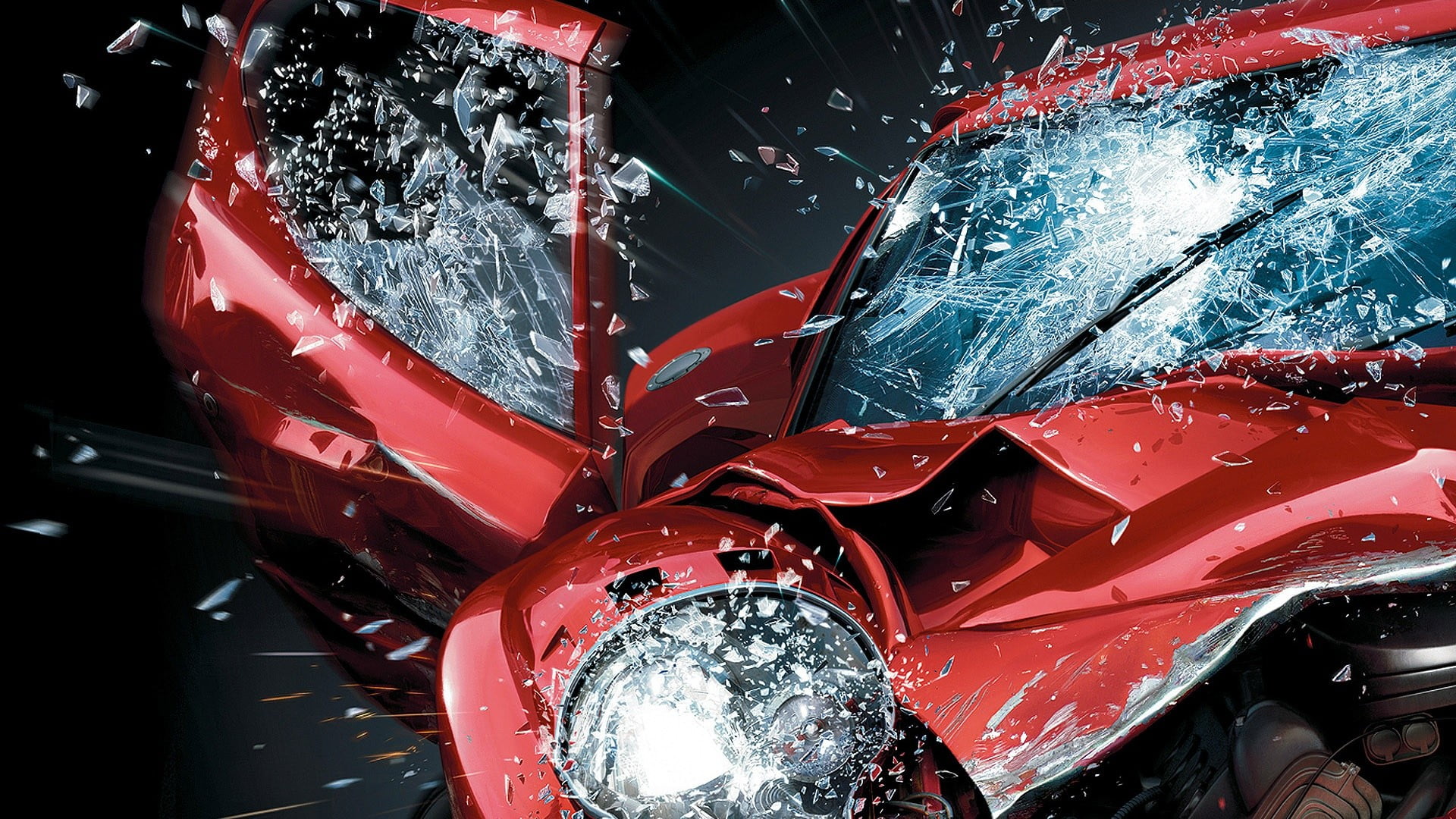 wrecked red vehicle with cracked windshield, car, video games