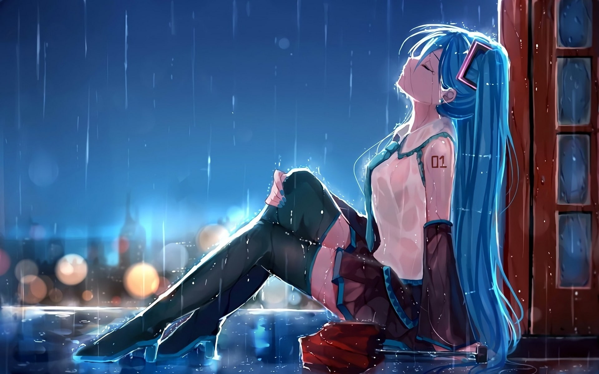 Hatsune Miku, sadness anime girl in rain, hatsune miku