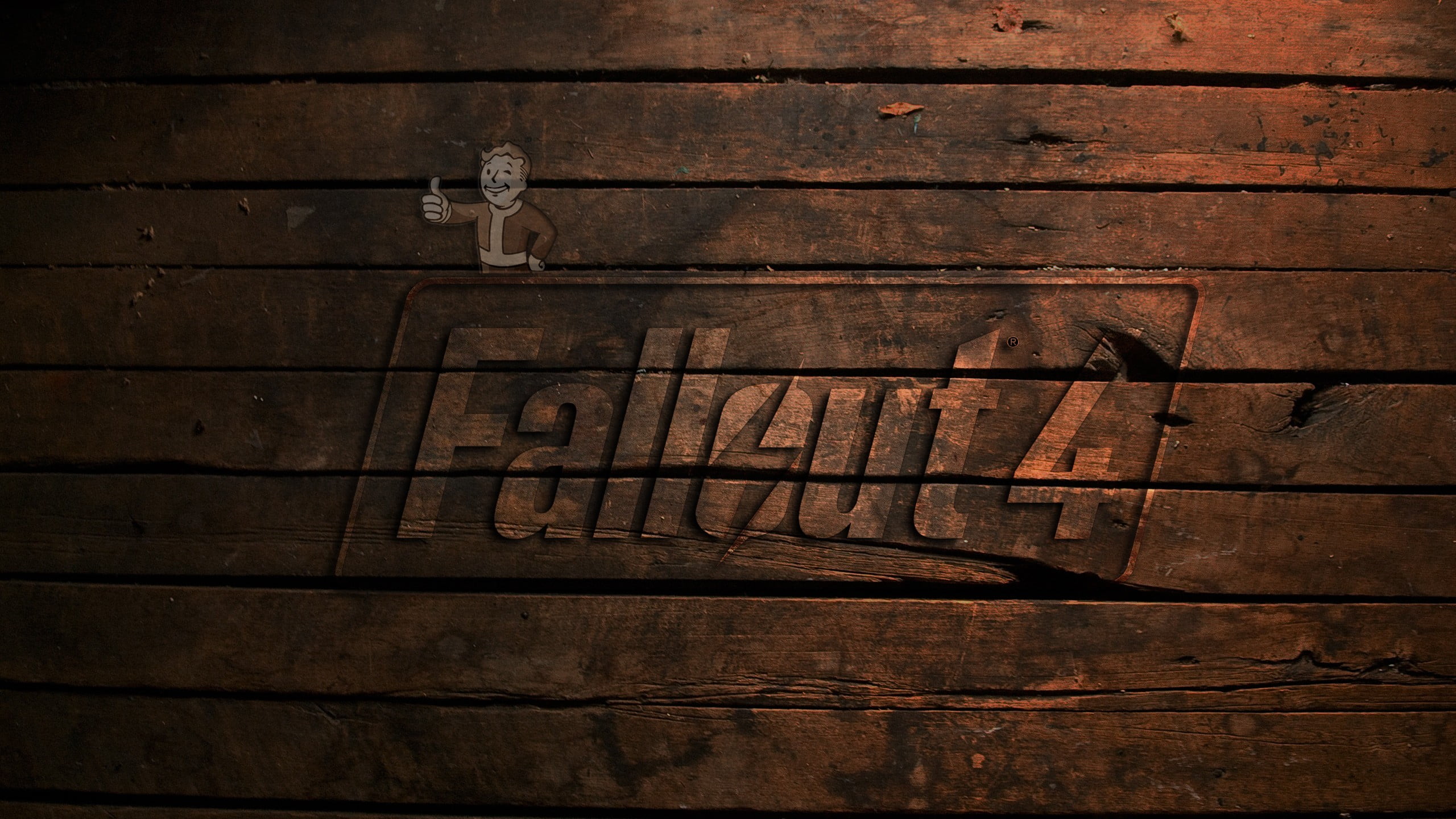 Fallout 4 digital wallpaper, wood - material, text, indoors, no people
