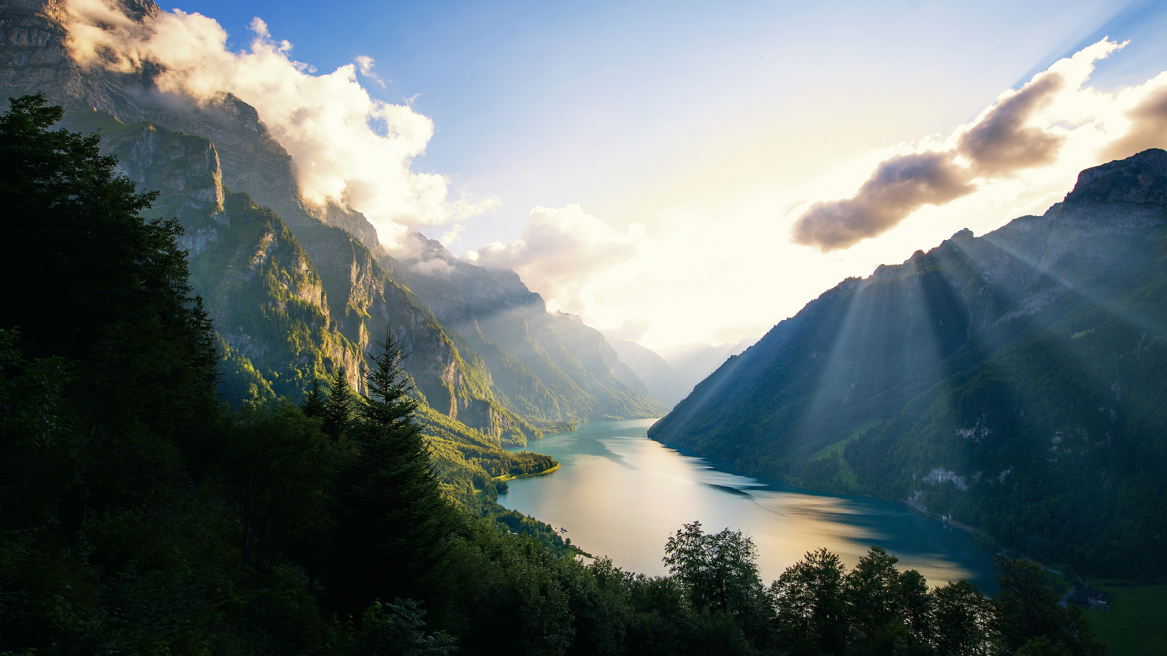 mountains, lake, forest, Switzerland, Mounts, Klontalersee