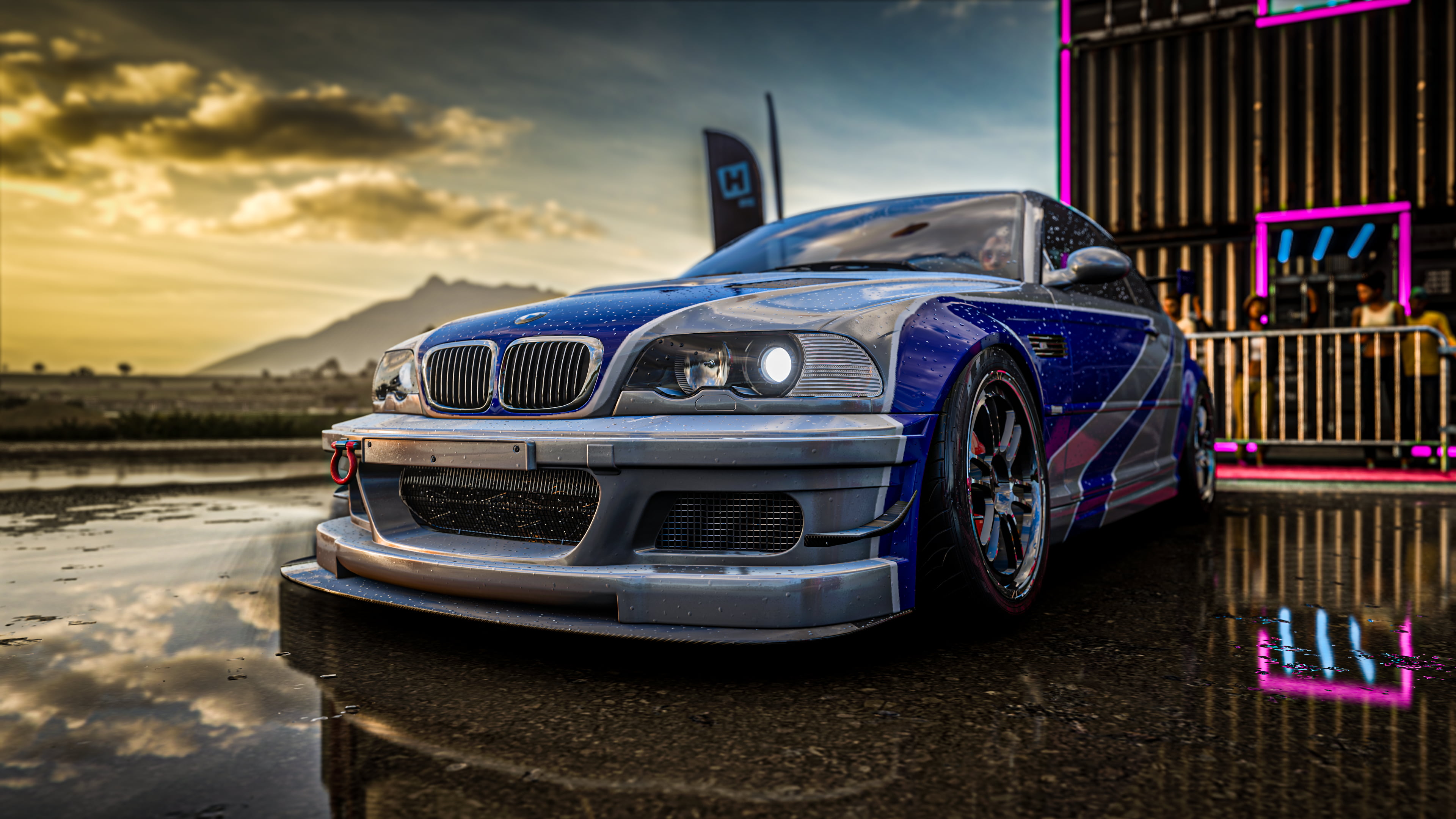 BMW M3 E46 GTR, BMW M3 GTR, Forza Horizon 5, drift, sunset
