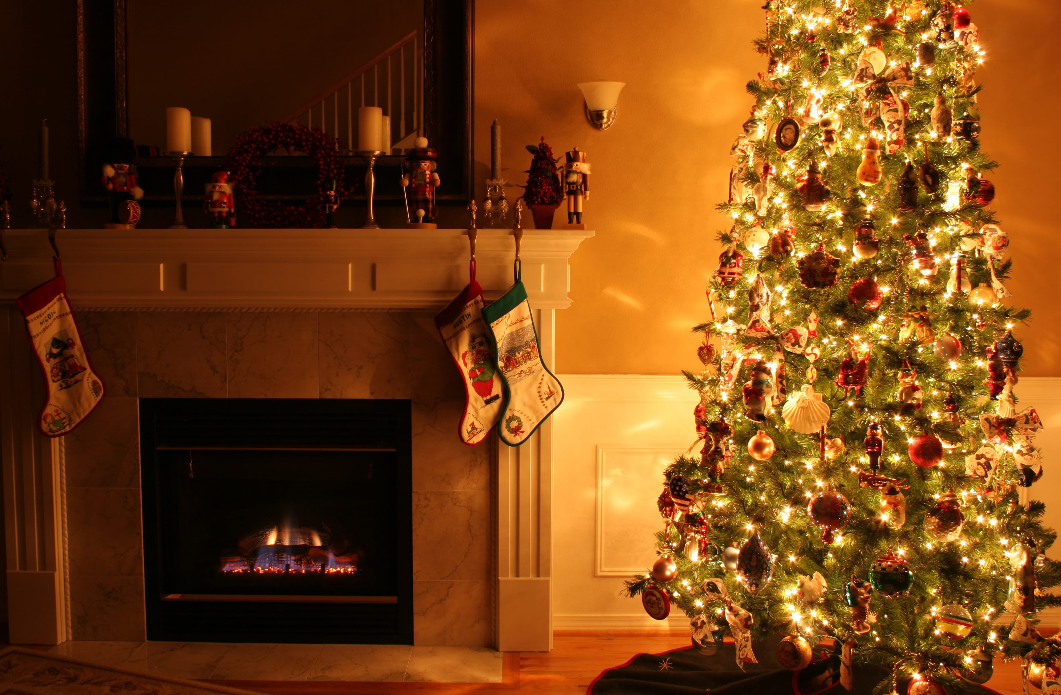 Christmas tree and electric fireplace, lights, holiday, toys