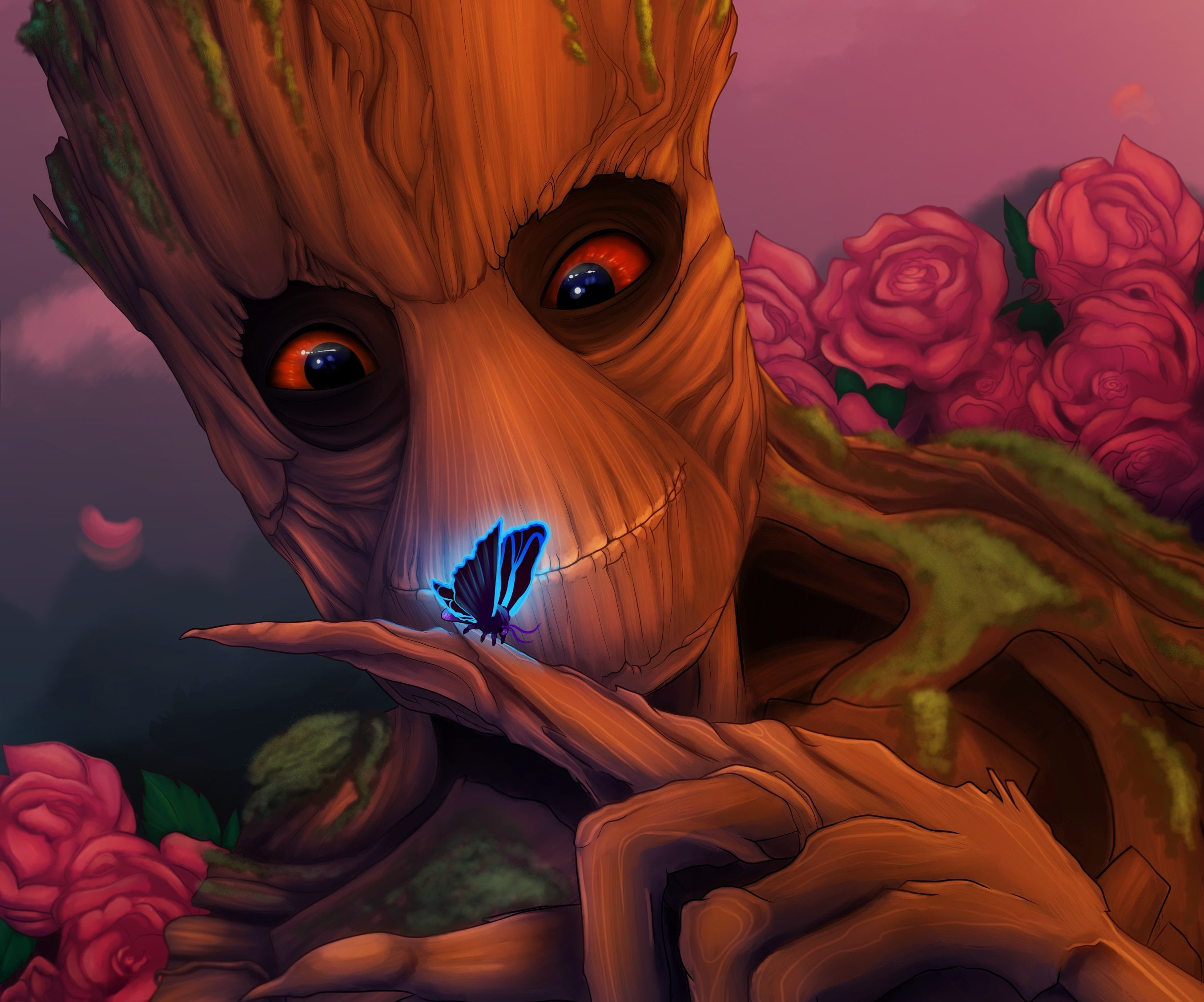 Marvel Groot digital wallpaper, look, tree, butterfly, guardians of the galaxy