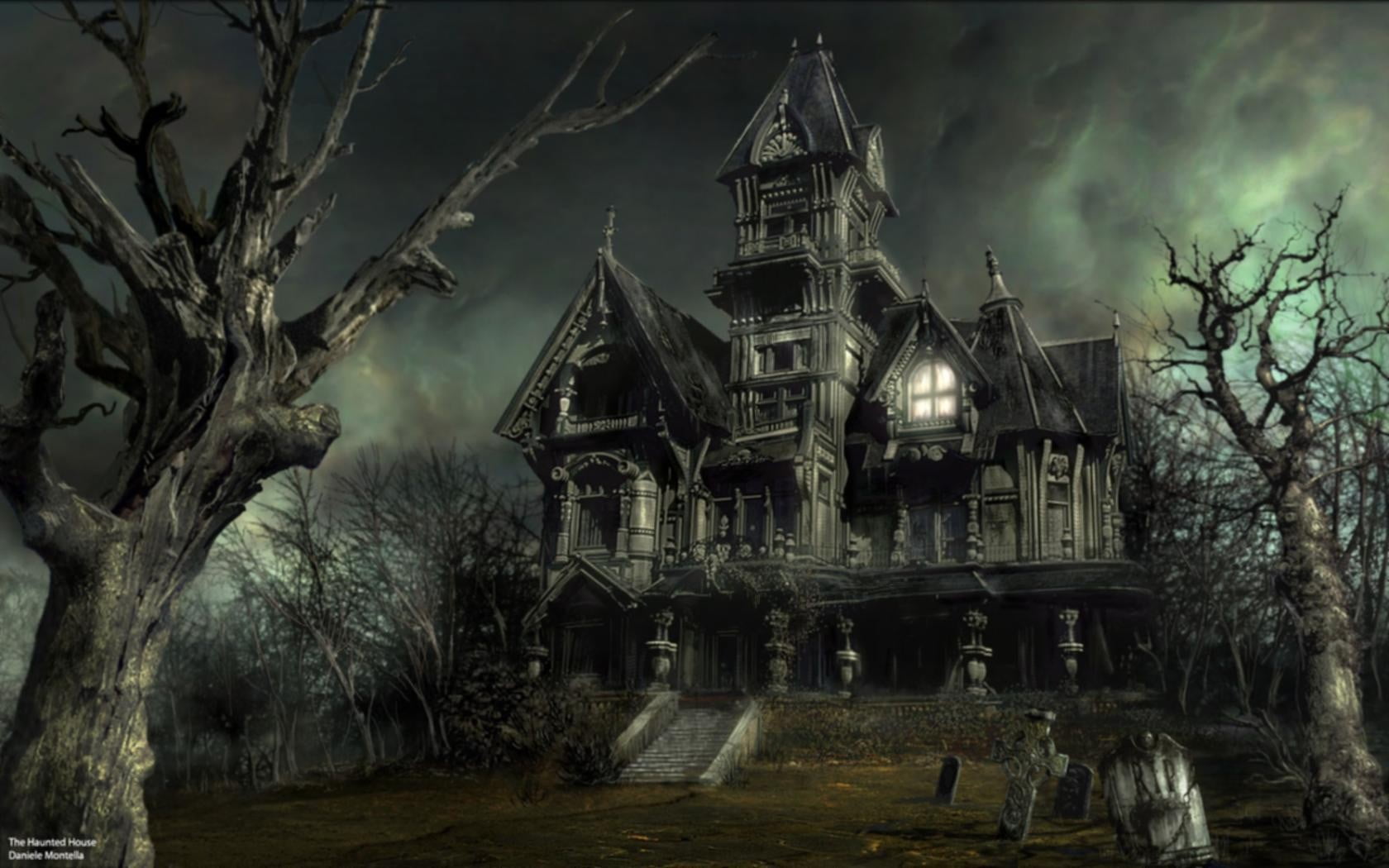 haunted house digital wallpaper, Halloween, spooky, tree, architecture