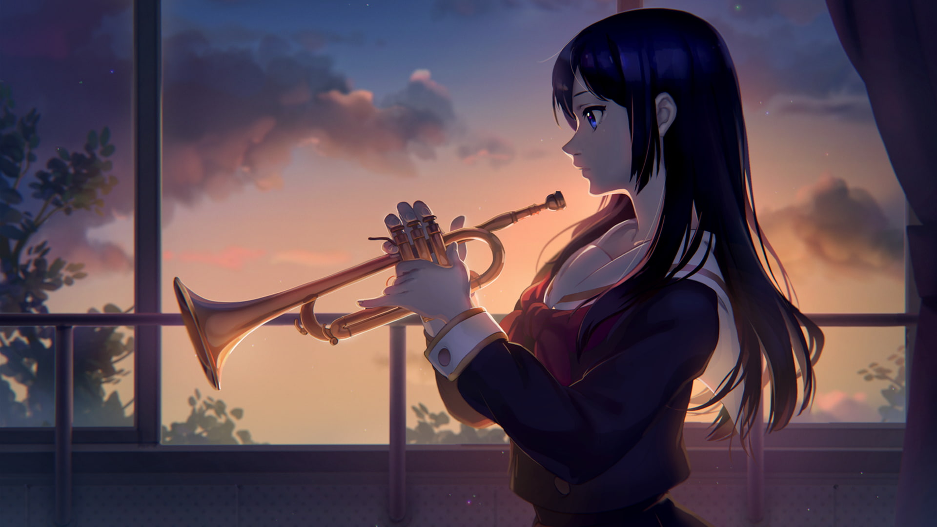 anime girls, musical instrument, Kousaka Reina, clouds, evening
