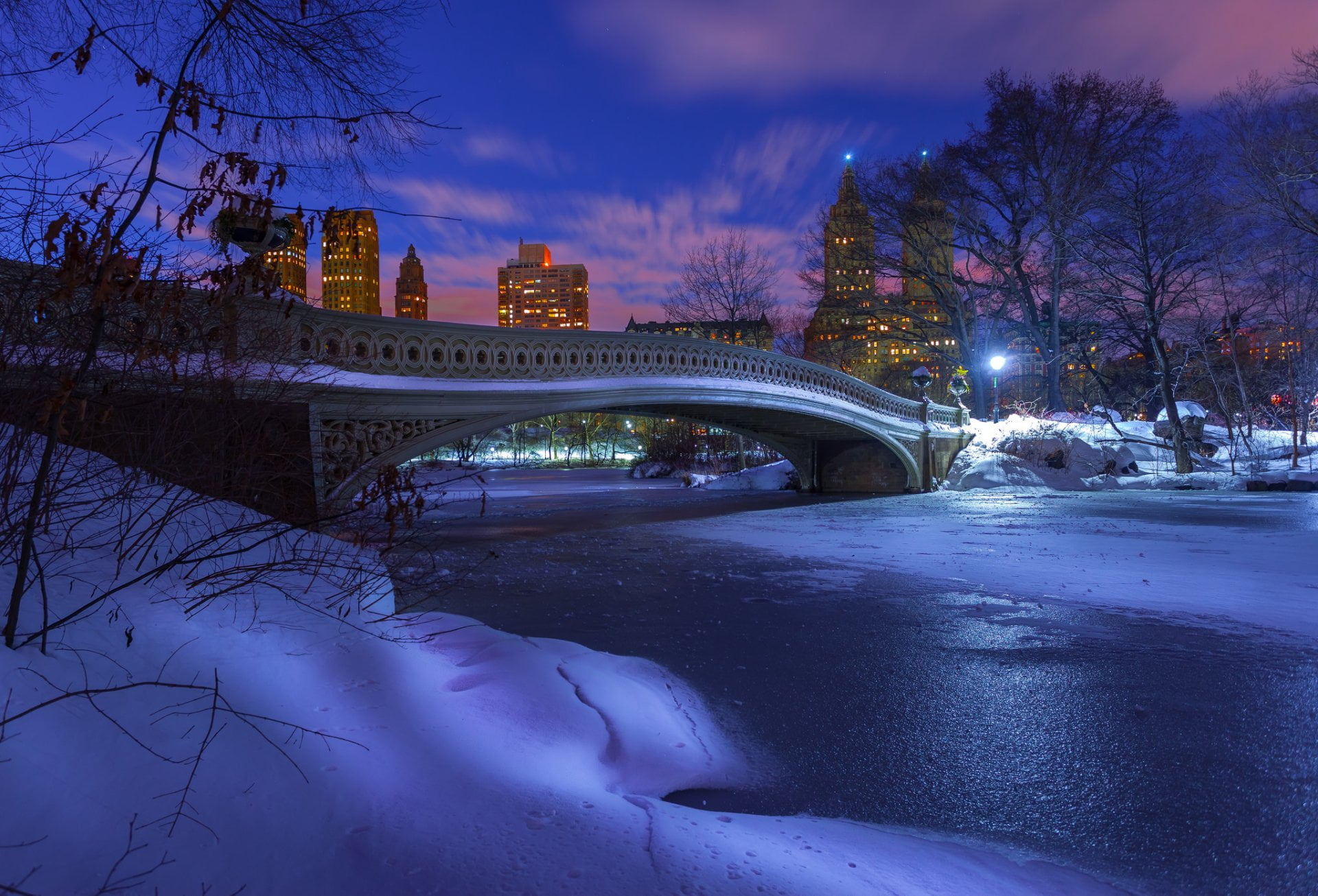 Man Made, Central Park, Bridge, New York, Night, Snow, Winter