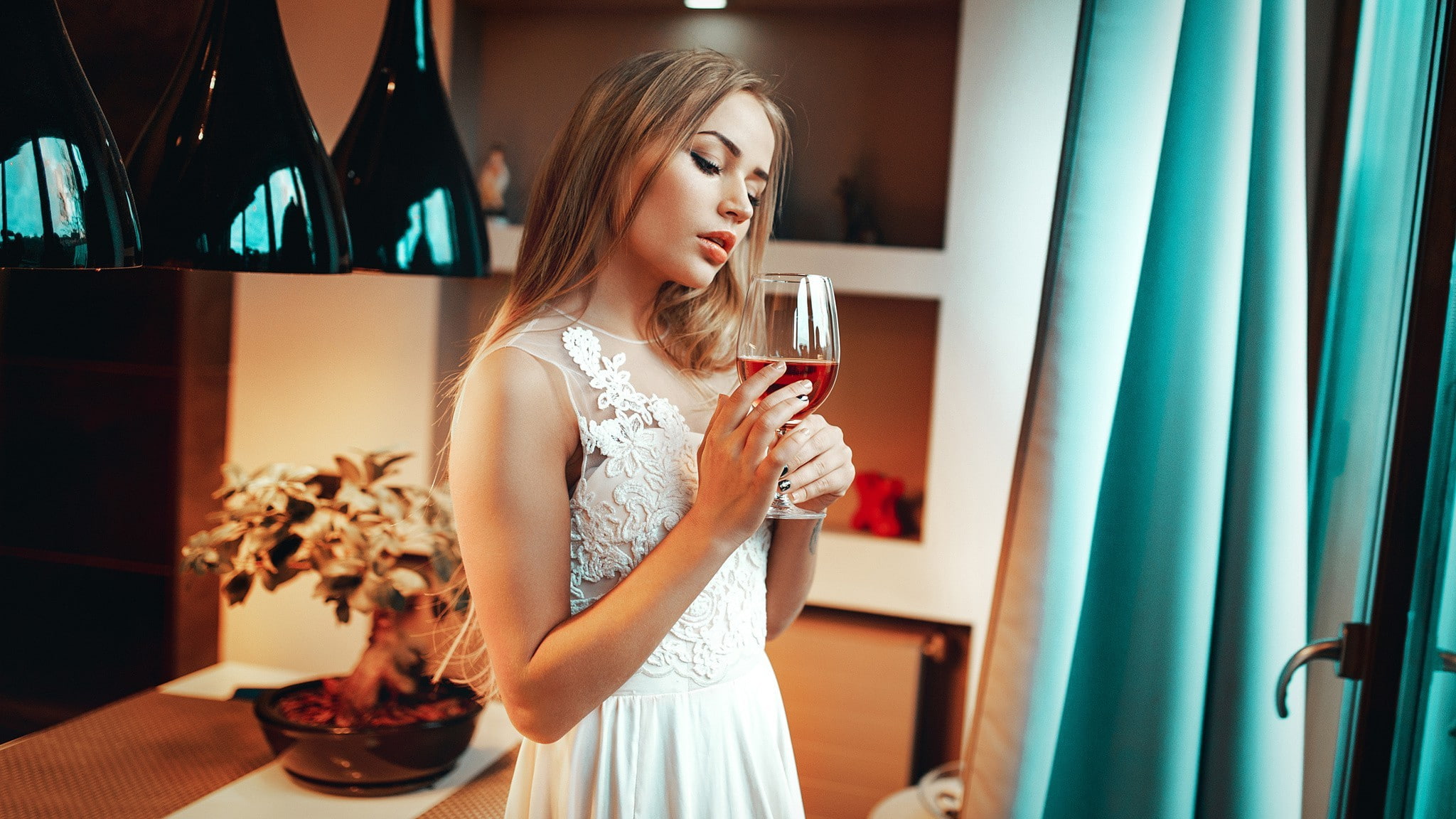 women blonde face standing juicy lips peter paszternak model glass dress portrait colorful