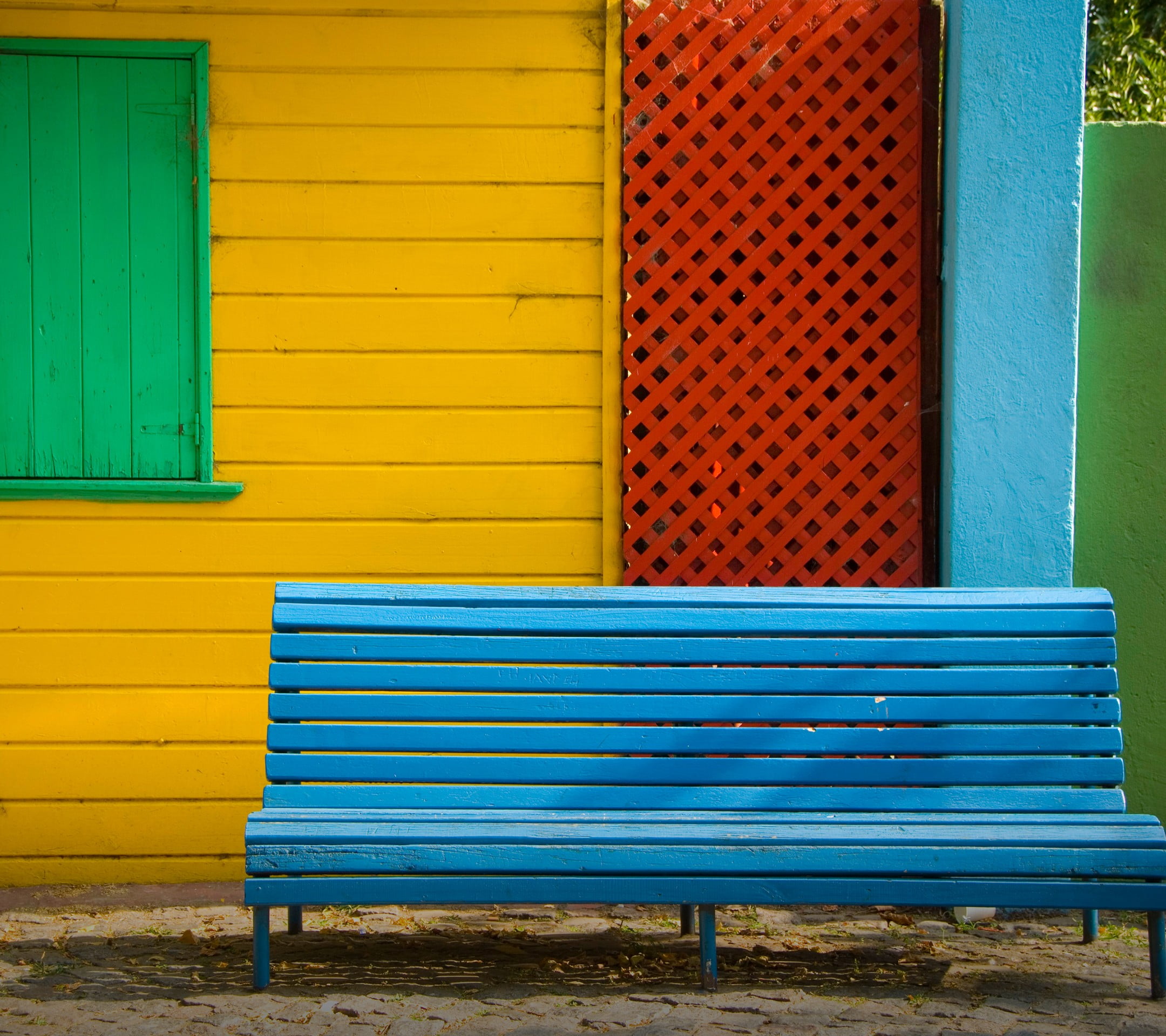 blue wooden bench, colorful, Motorola, architecture, seat, no people