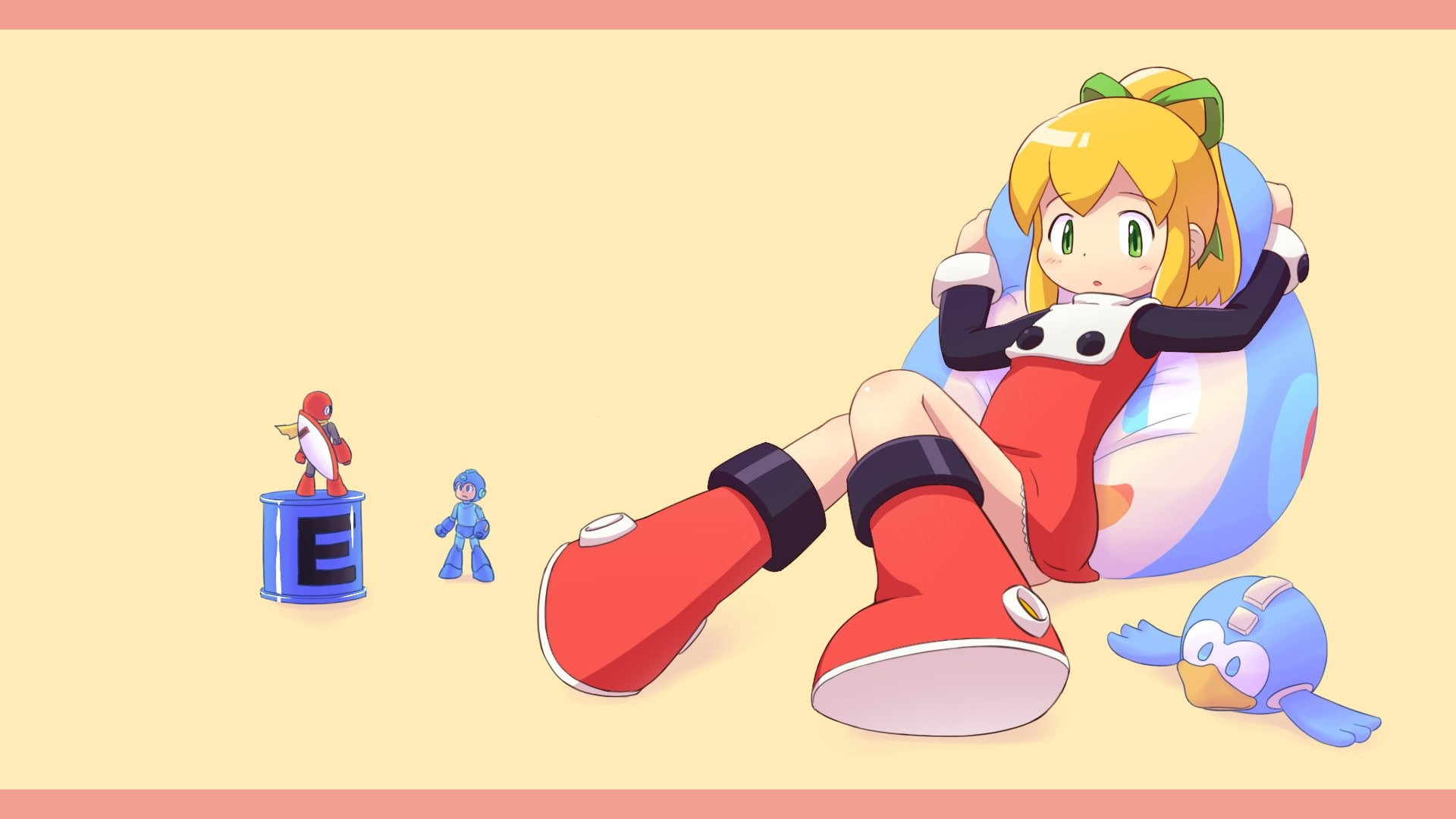 anime girls, toys, red, blonde, Mega Man, Roll, Proto Man, adult