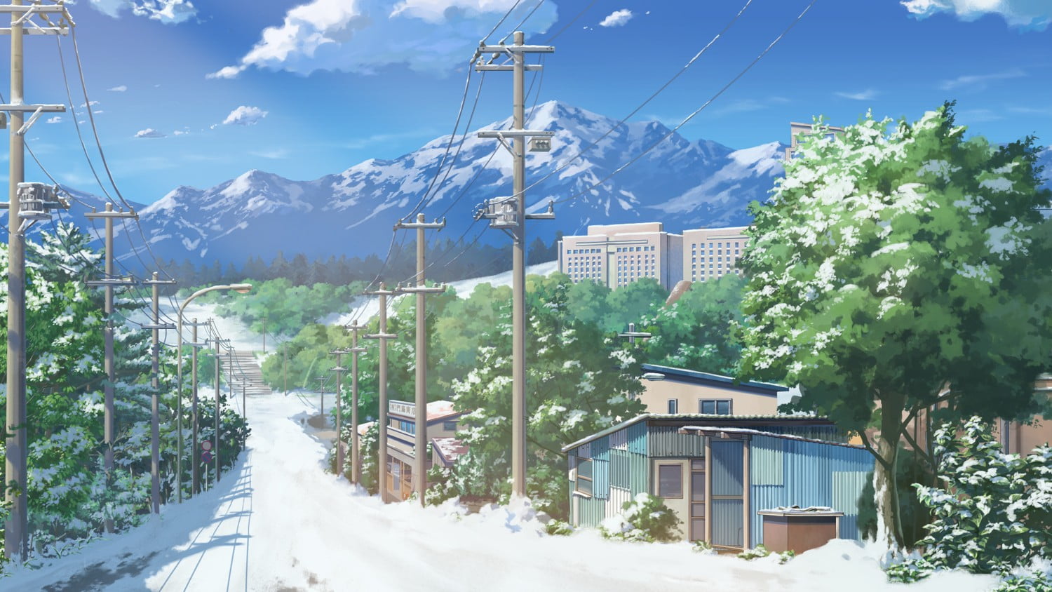 city illustration, anime, landscape, snow, cold temperature, tree