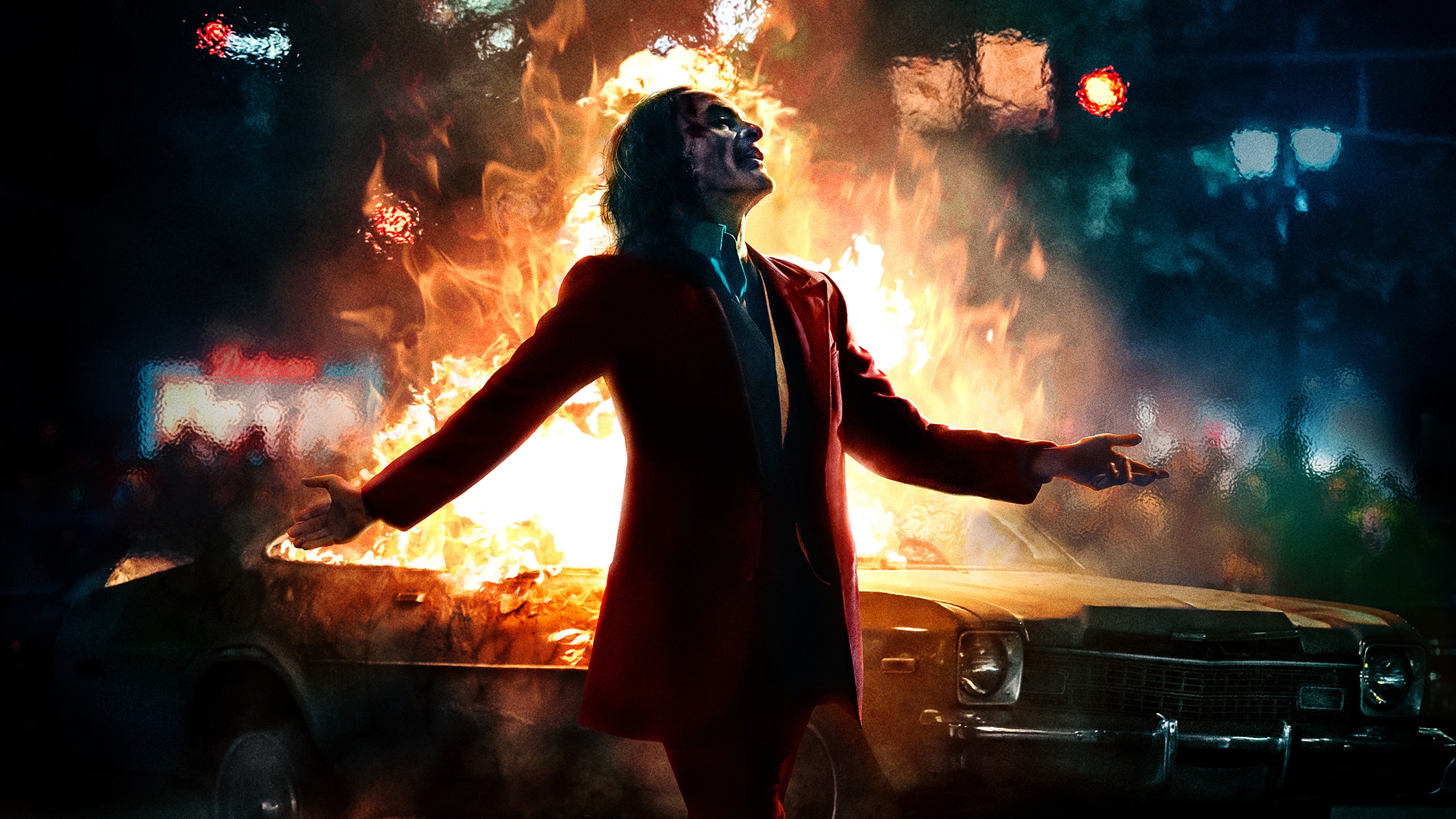 Joaquin Phoenix, Joker, Batman, fire, car, Joker (2019 Movie)