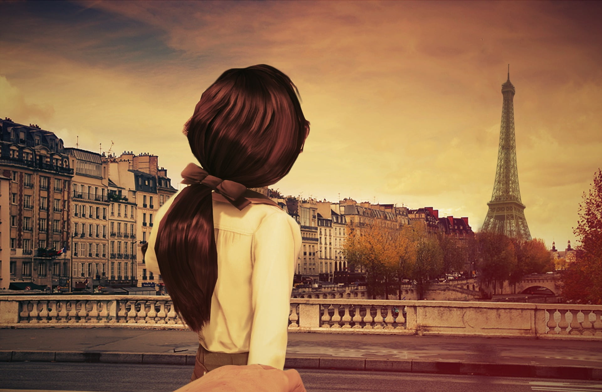 woman facing Eiffel tower painting, girl, hair, the game, Paris