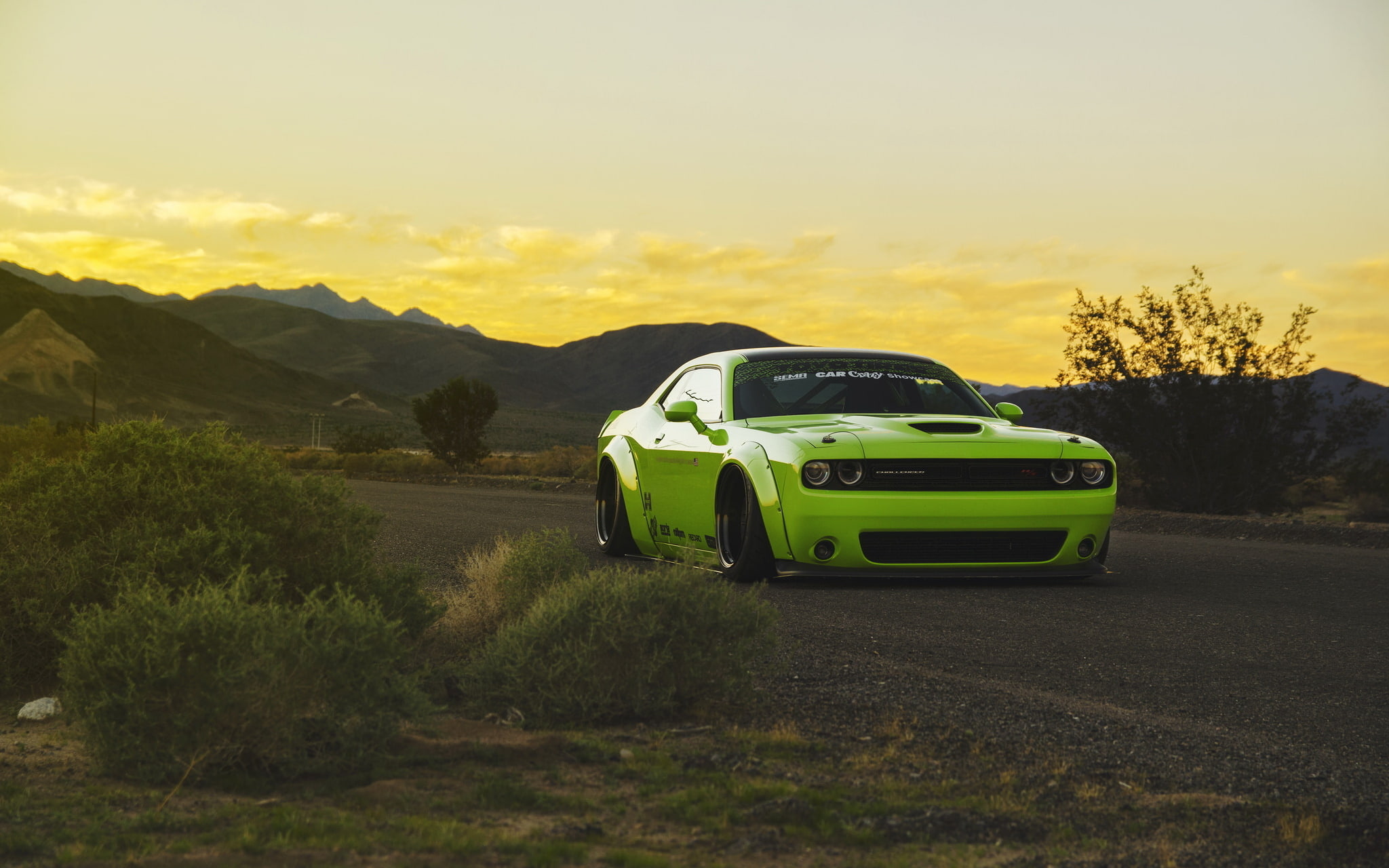 green, tuning, Dodge Challenger, muscle car, low, liberty walk