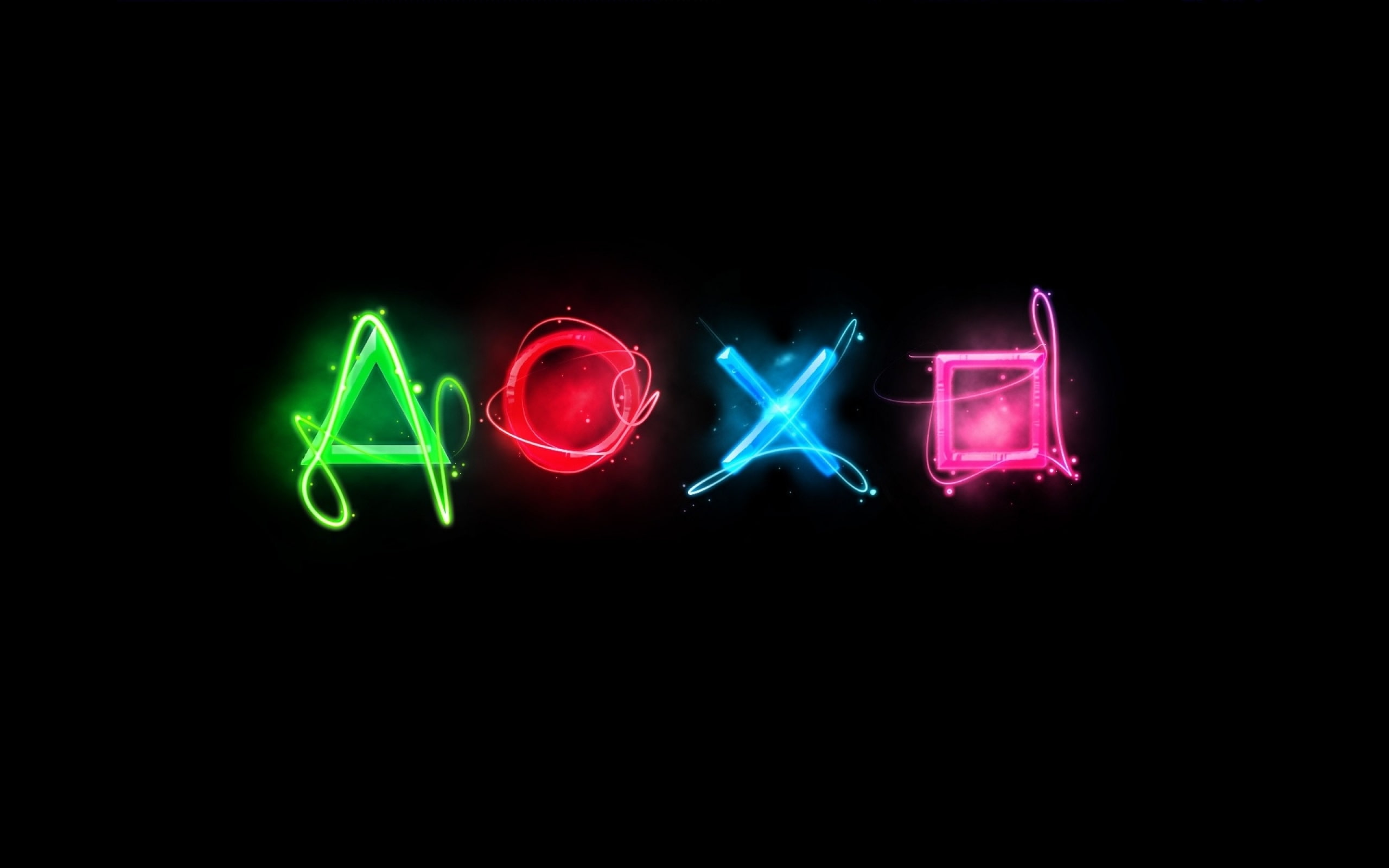 Playstation colorful logo, black background, game console controller button icons