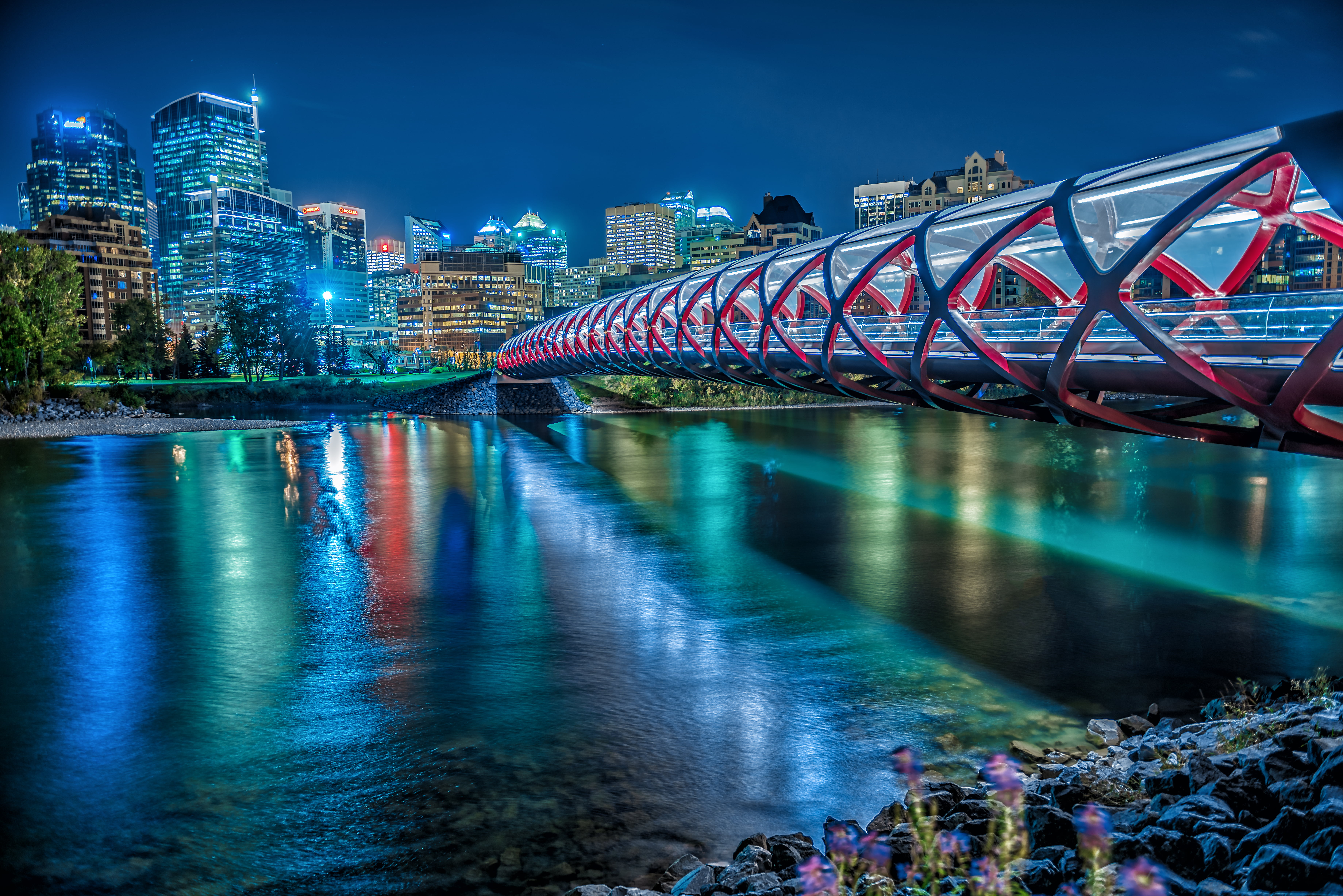 time lapsed photography of bridge with river, peace bridge, calgary, canada, peace bridge, calgary, canada