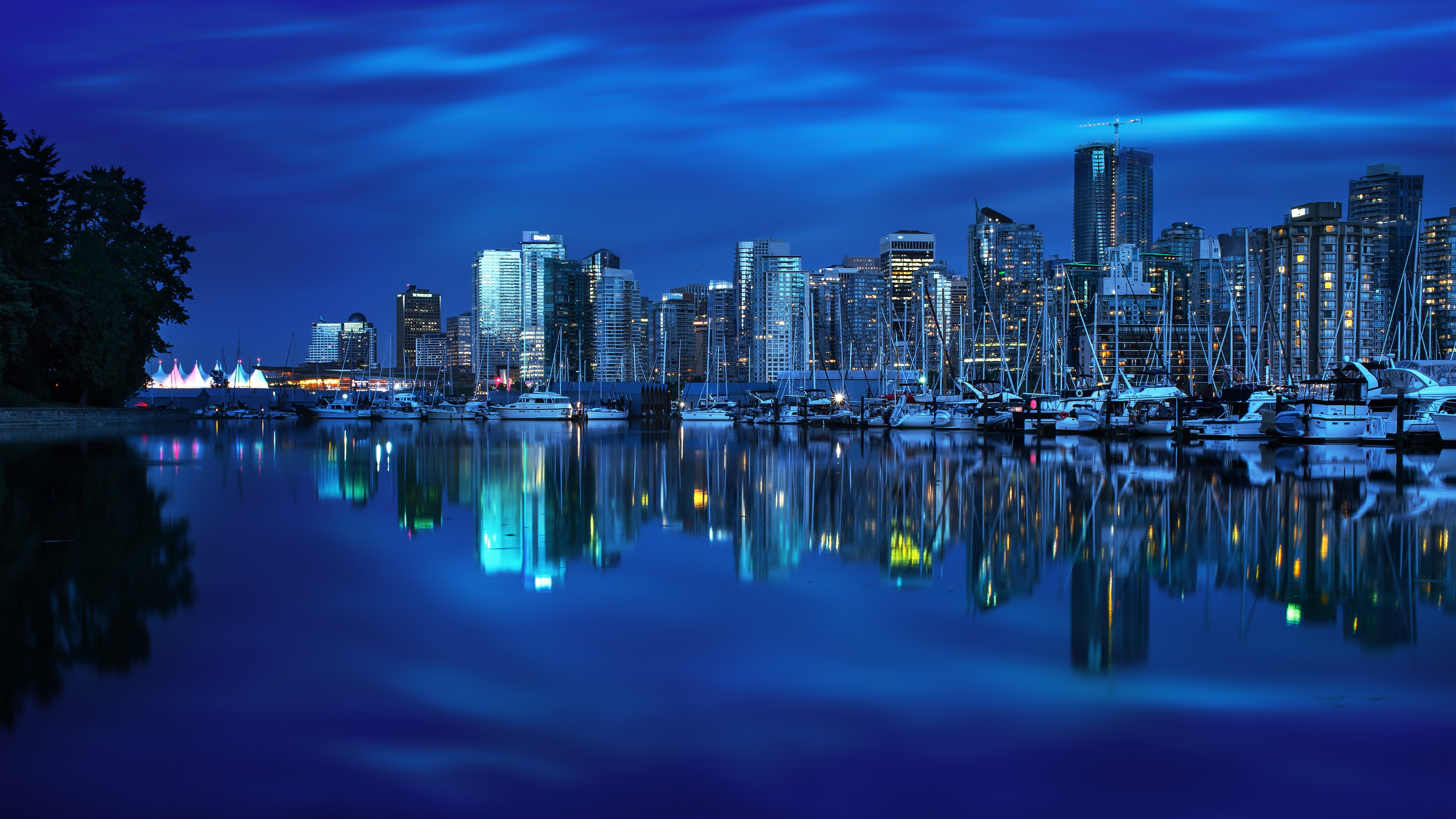 Vancouver, British Columbia, Canada, yacht, bay, reflection, buildings, city night
