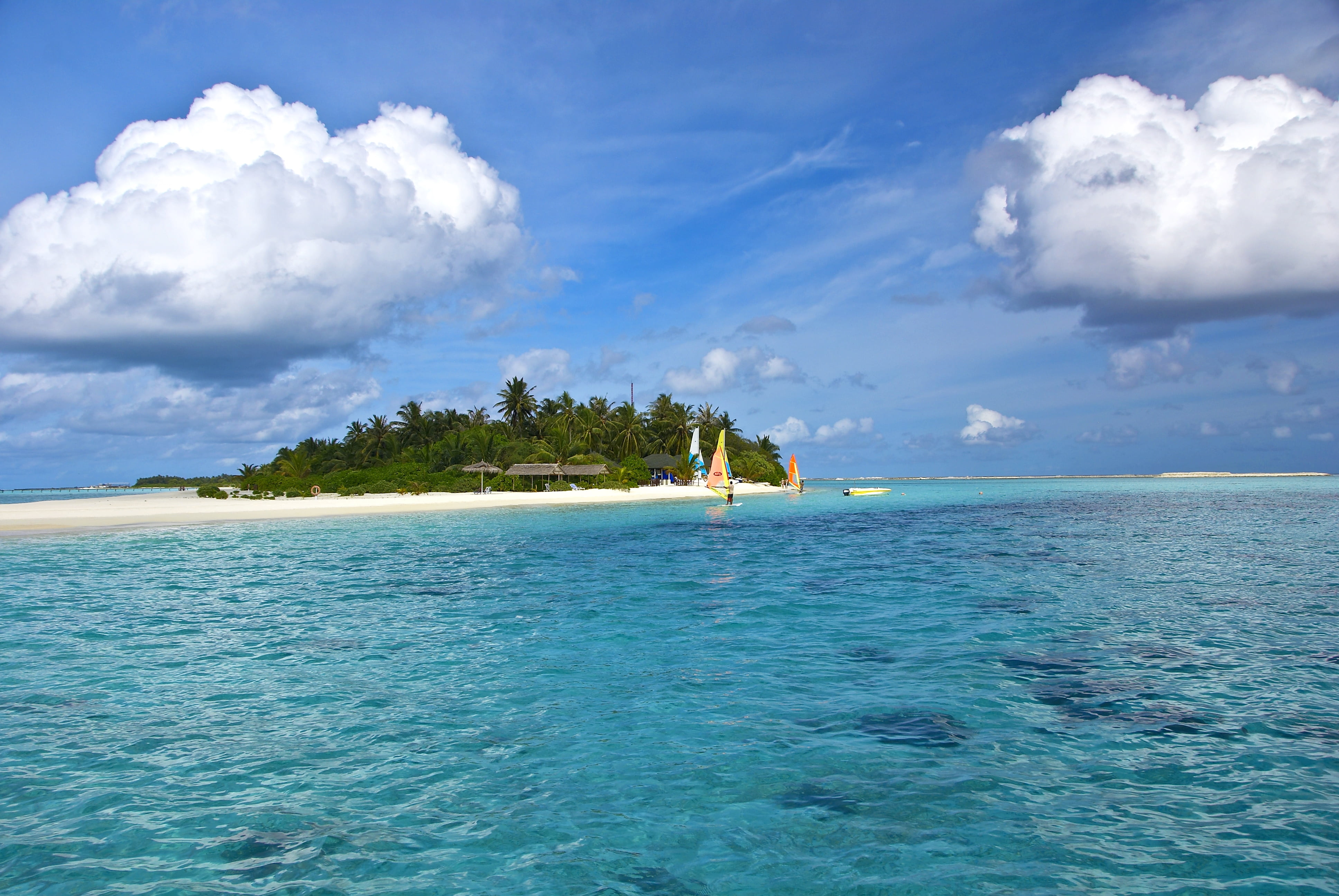 nimbus clouds, island and body of water, maldives, beach, tropical