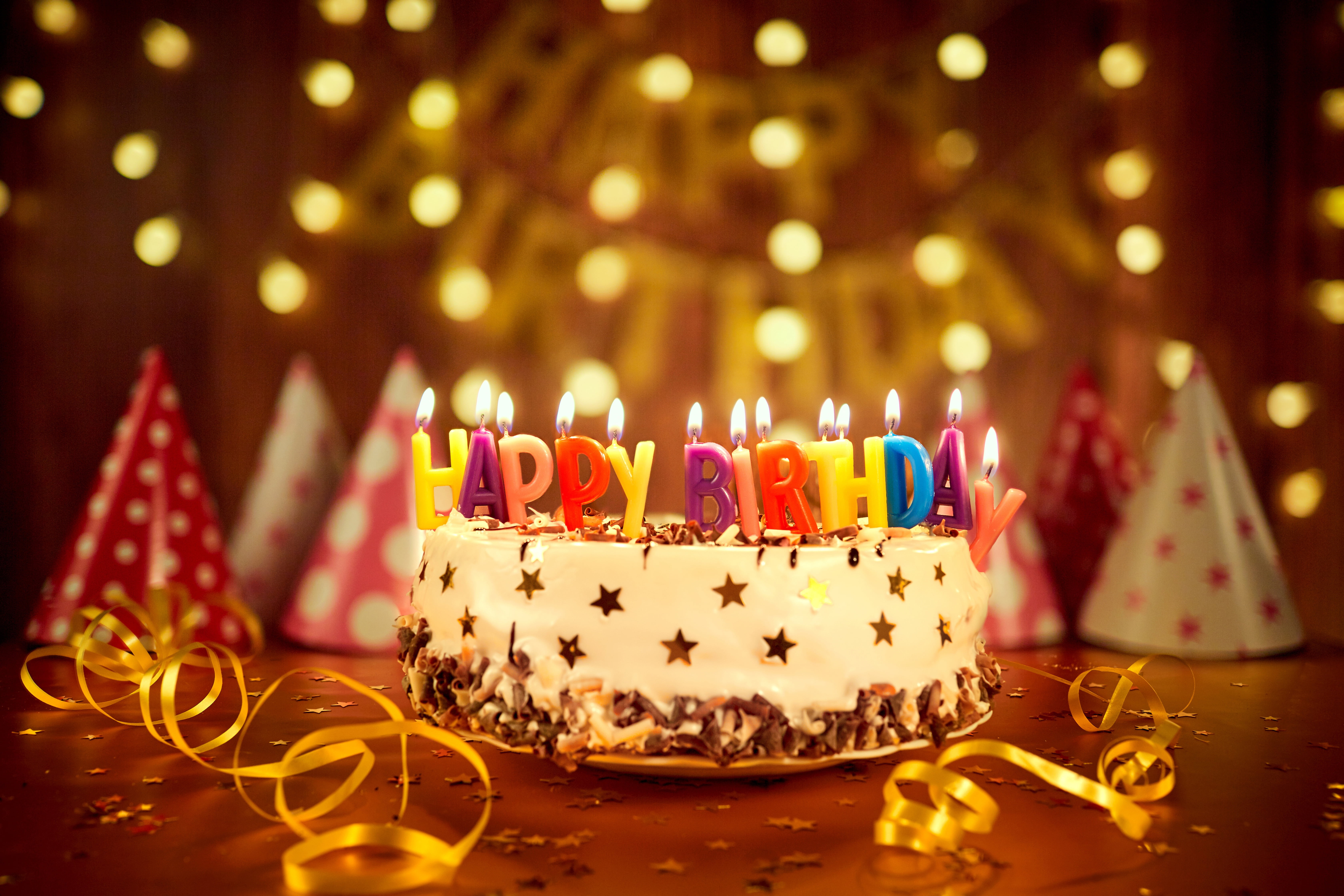 white and brown cake, candles, bokeh, decoration, Happy, Birthday