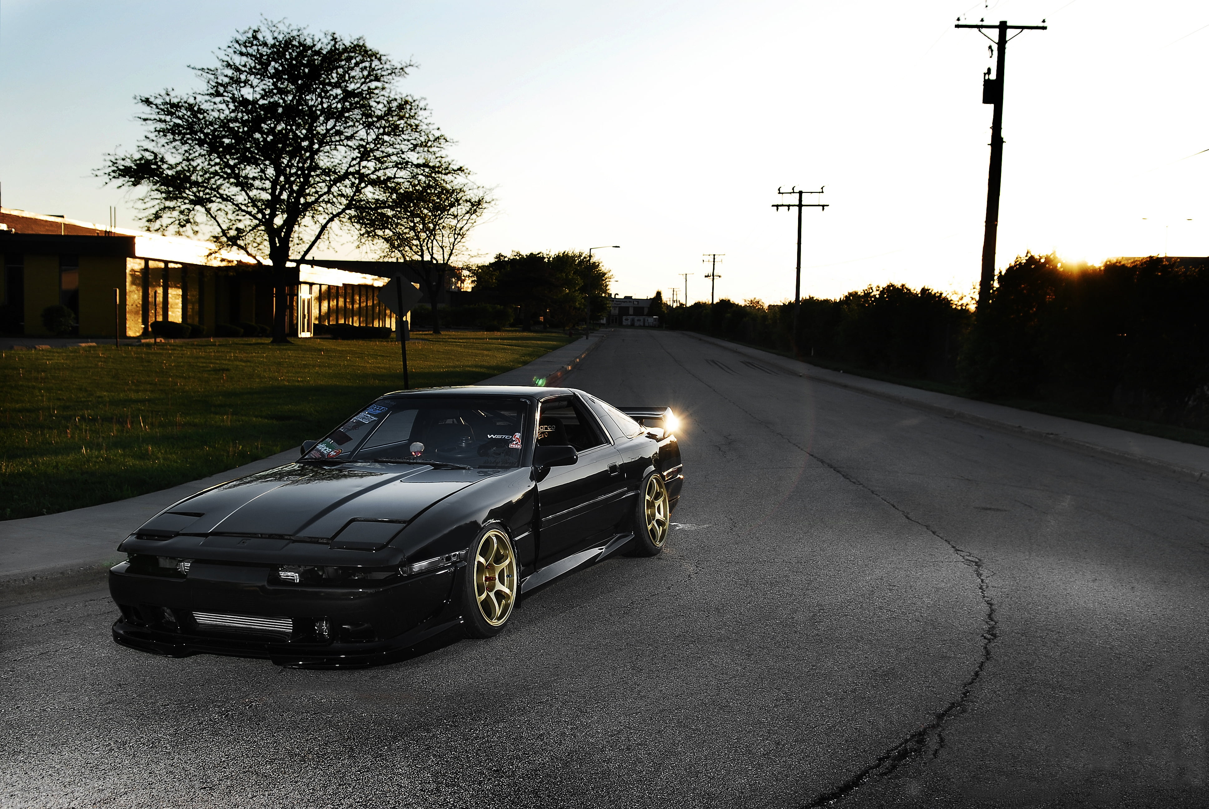 black coupe, toyota, supra, ma61, front part, tuning, street