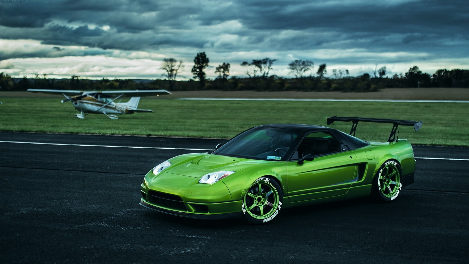 green supercar, Honda, Honda NSX, airplane, rims, green cars
