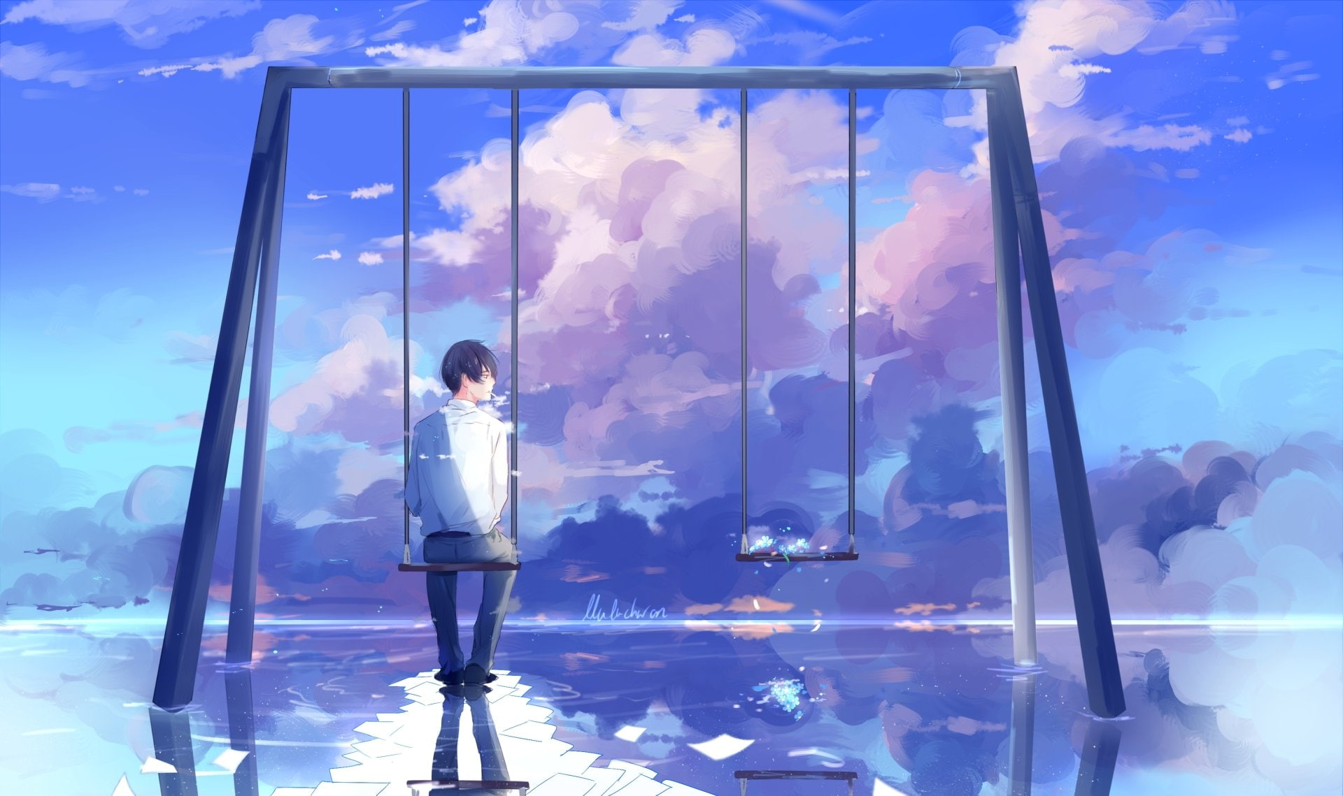 Anime, Original, Boy, Cloud, Reflection, Scenic, Swing