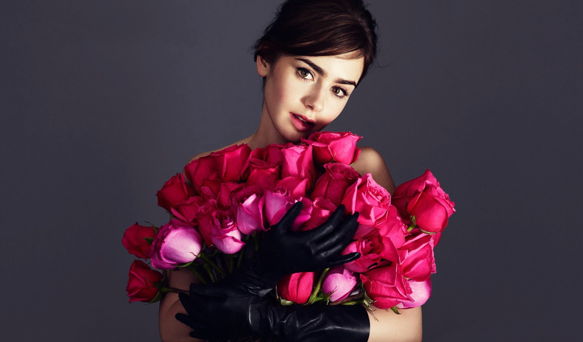 Lily Collins, portrait, women, flowers, black gloves, roses