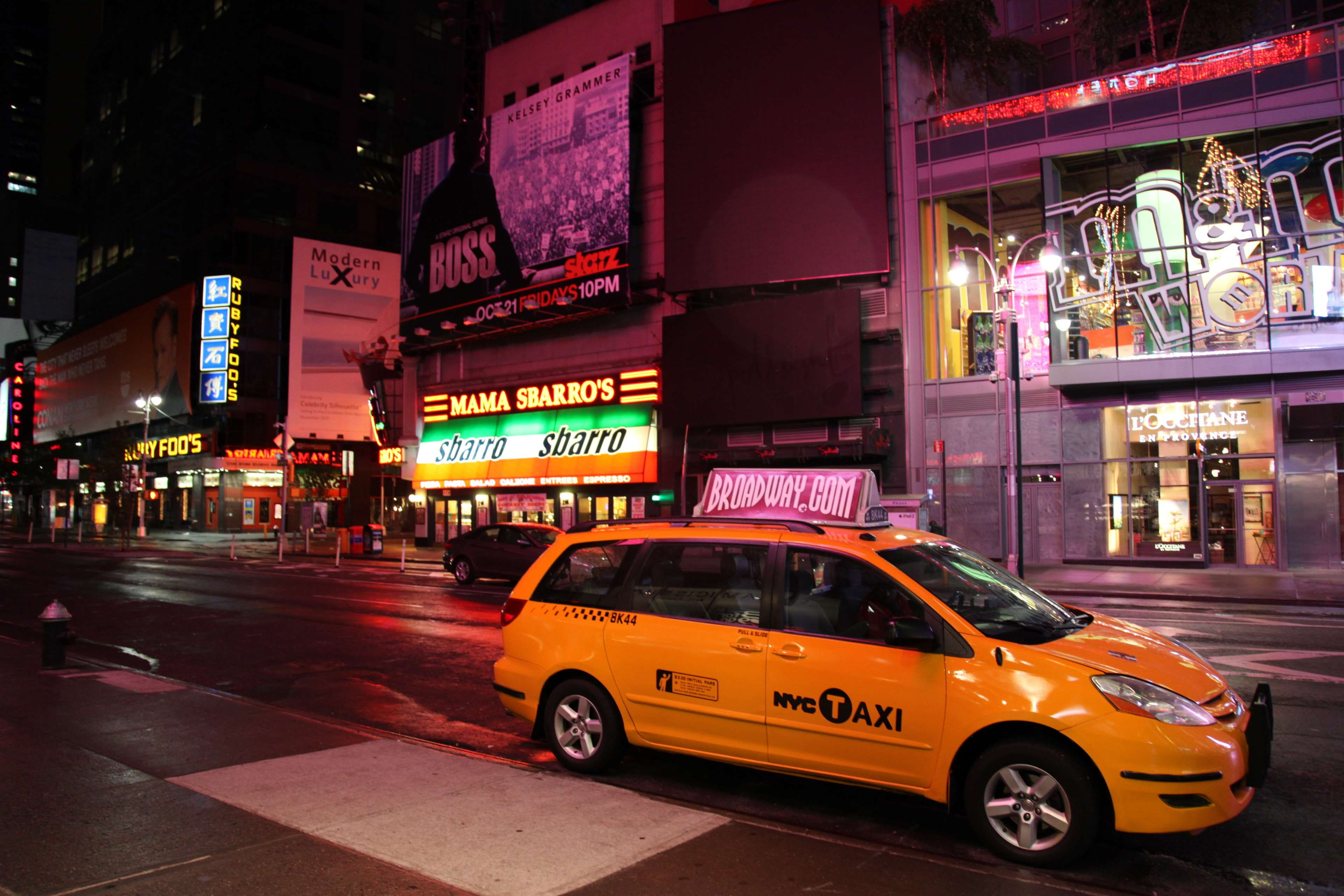 buildings, cab, city, lights, new york city, shop windows, shops