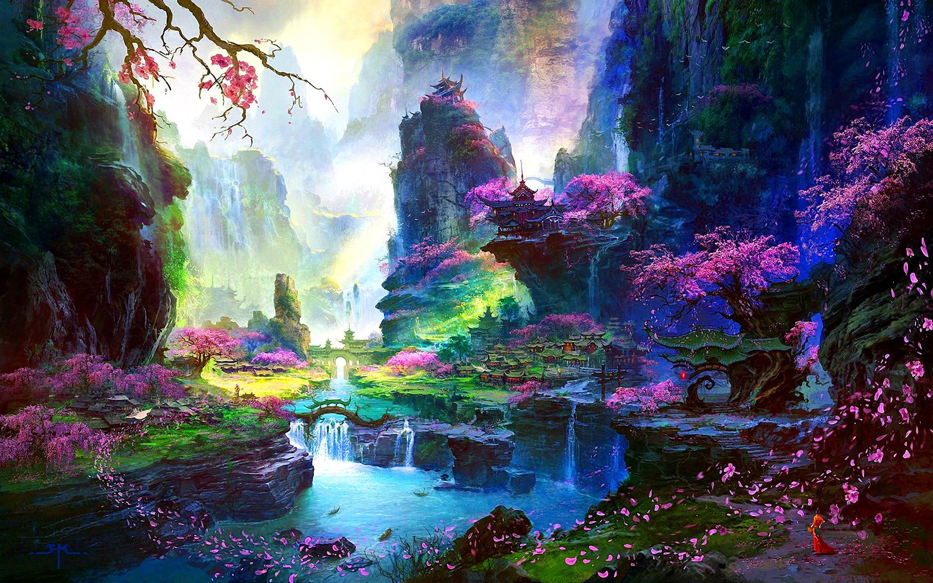 Forgotten Valley, landscape, fantasy, eastern, flowers, 3d and abstract