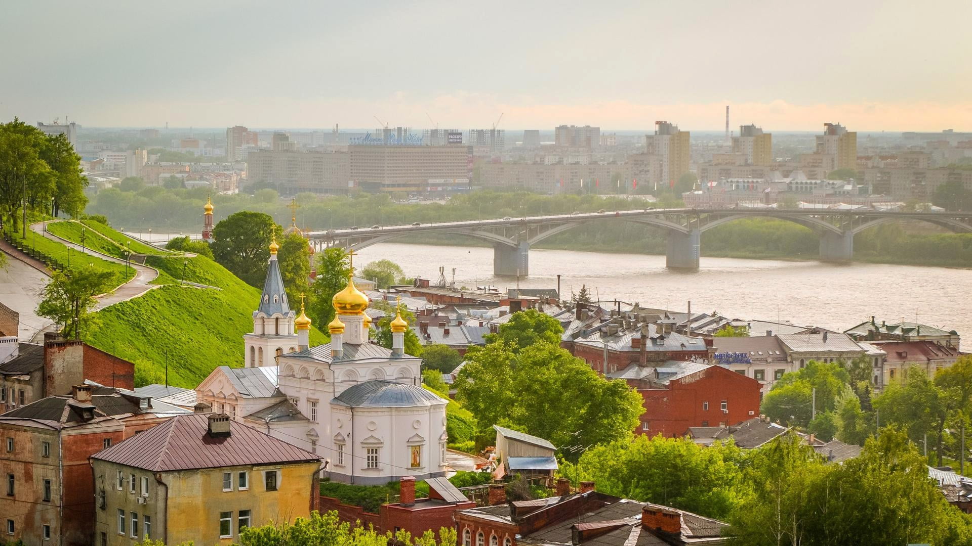 bridge, nature, the city, river, view, Church, Russia, Nizhny Novgorod