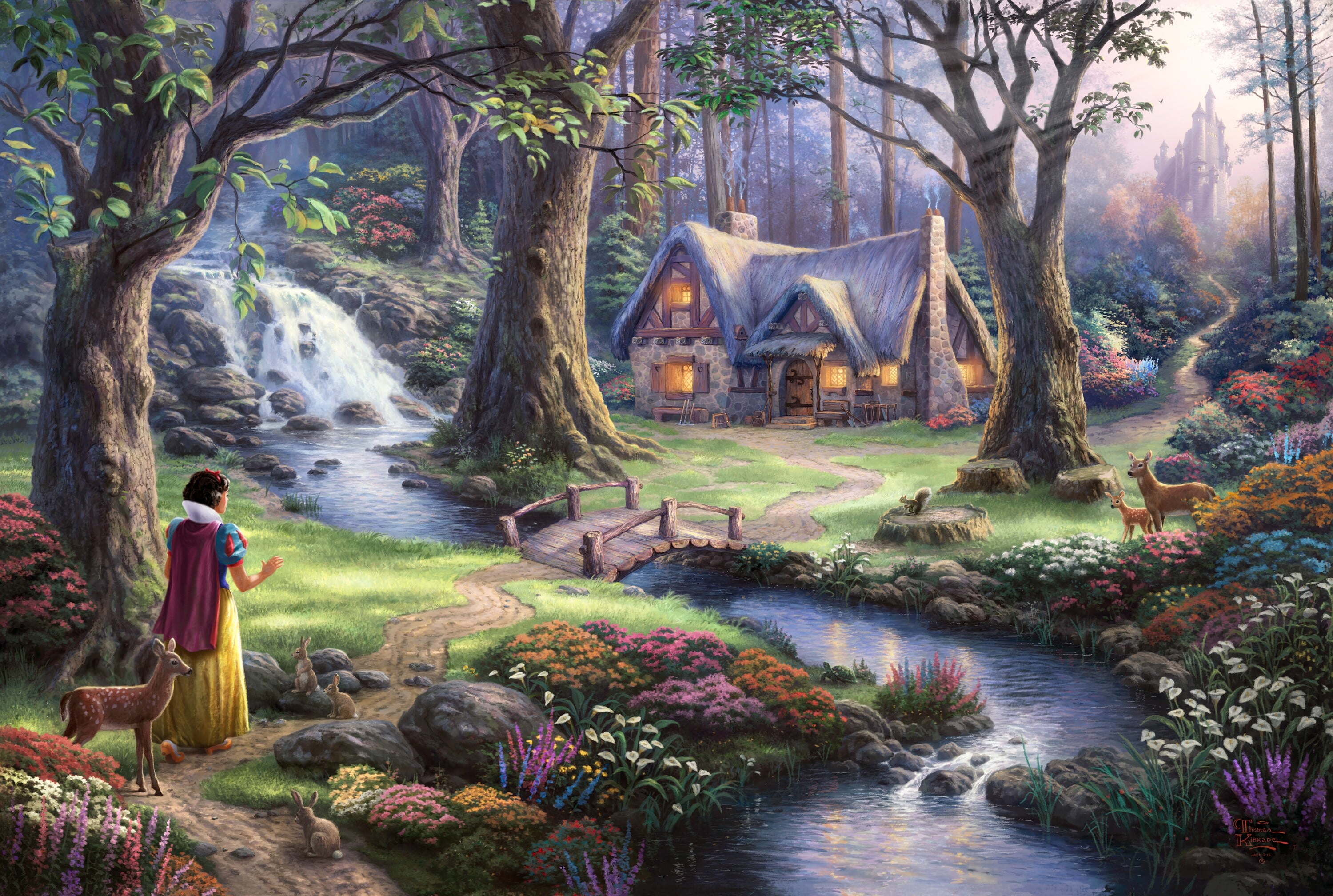 brown house between trees wallpaper, fantasy art, fairies, Thomas Kinkade