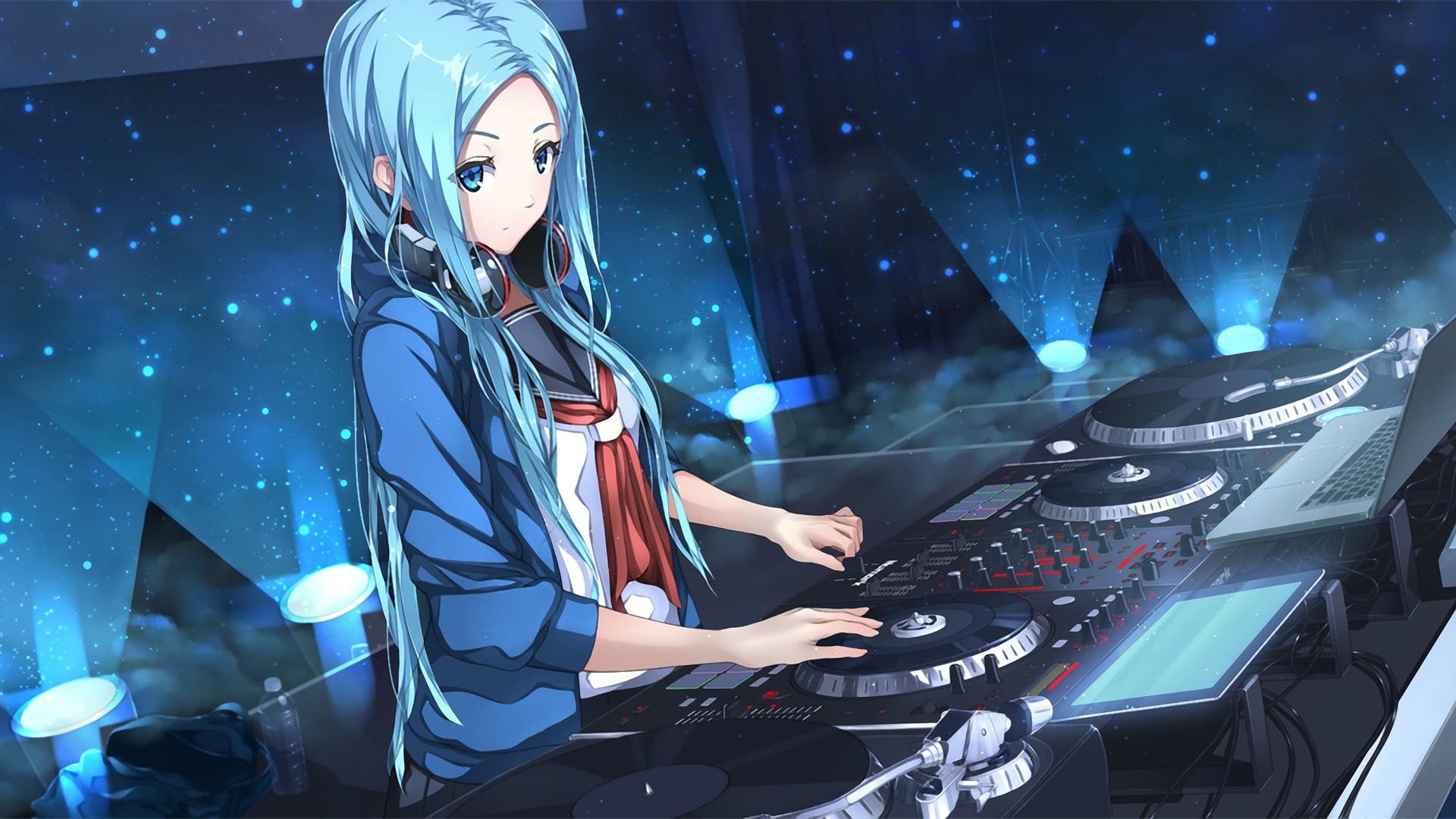 anime, blue hair, blue eyes, headphones, DJ, anime girls, long hair