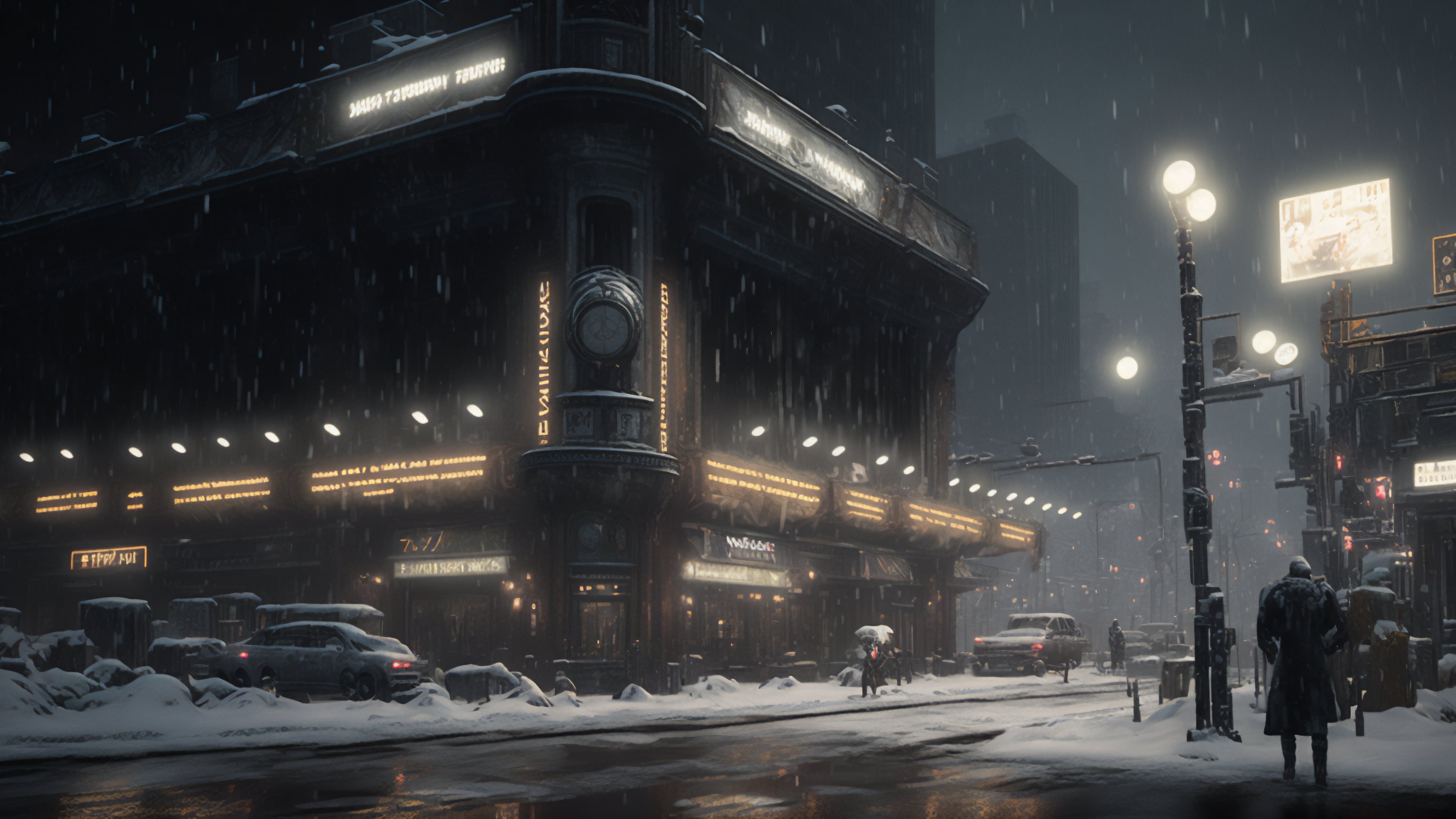 AI art, snow, winter, city, cyberpunk