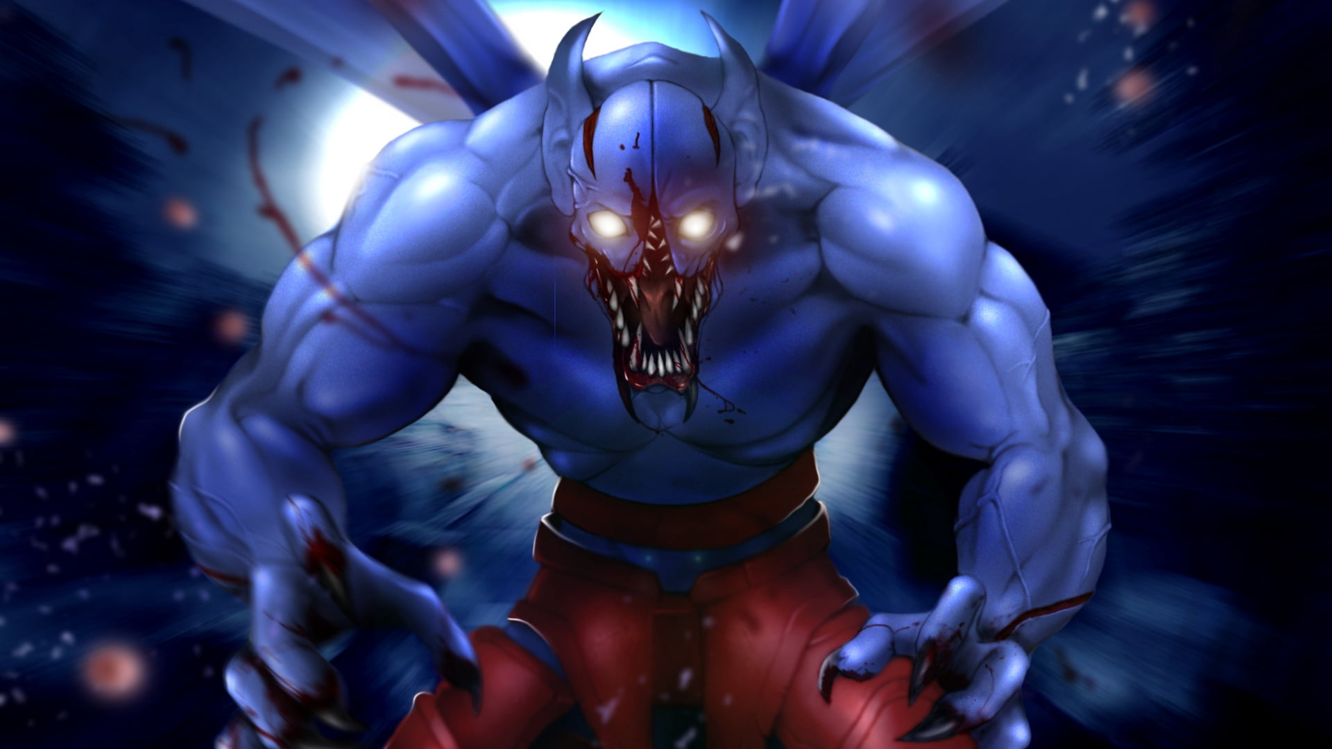 blue and red monster anime character digital wallpaper, night stalker