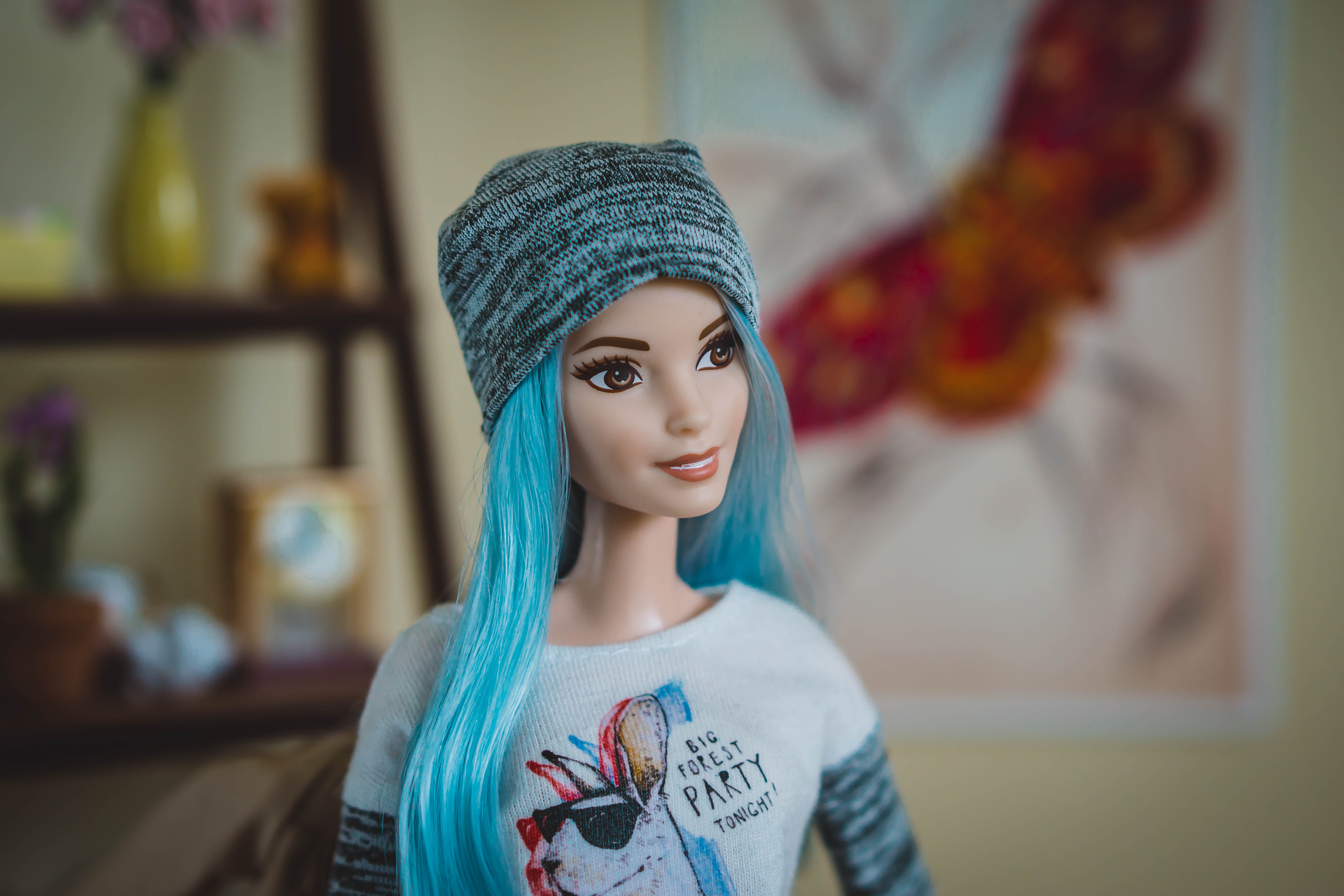 doll, barbie, style, fashion, hat, blue hair, focus on foreground