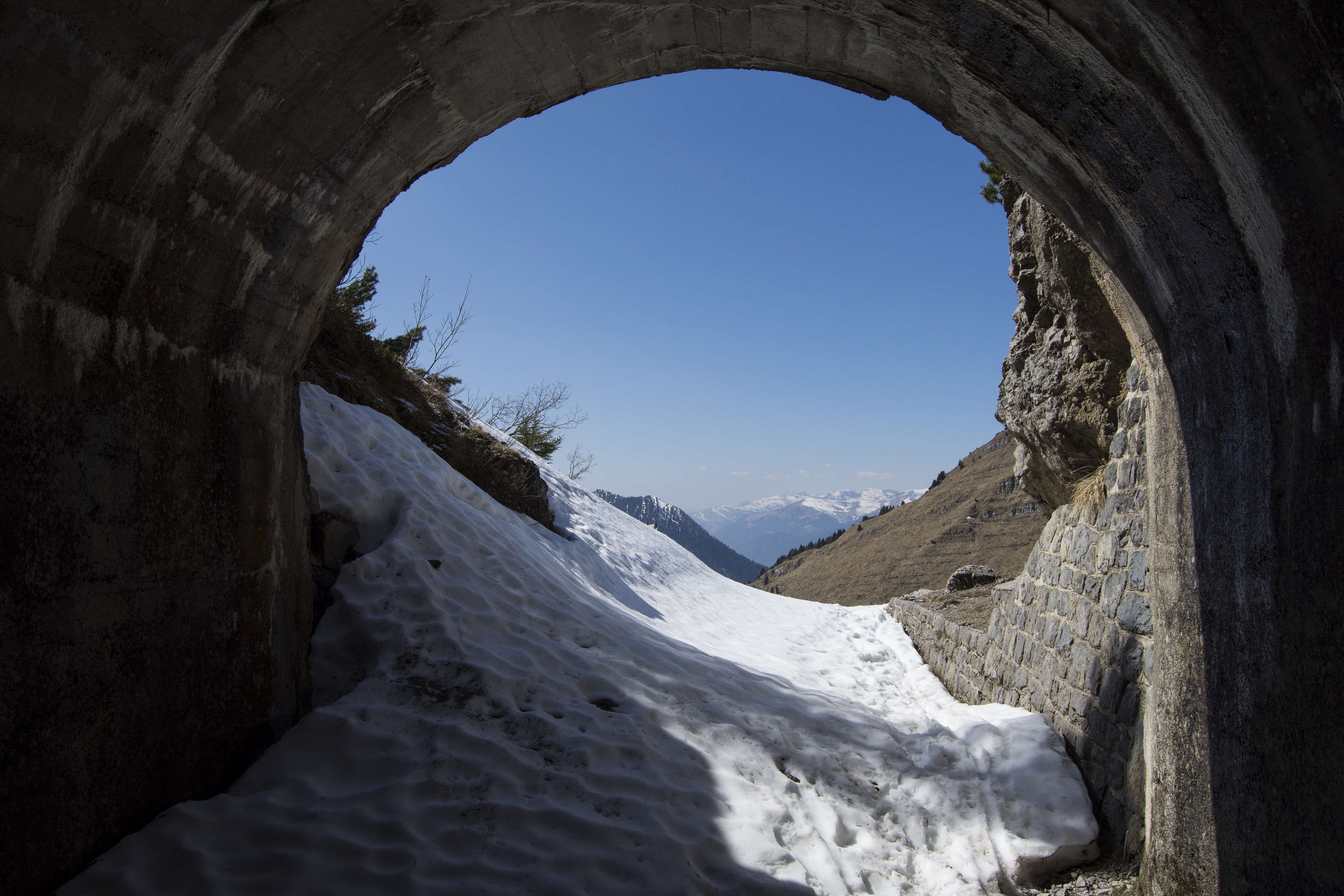 melting, snow, spring, tunnel, tunnel view, sky, clear sky