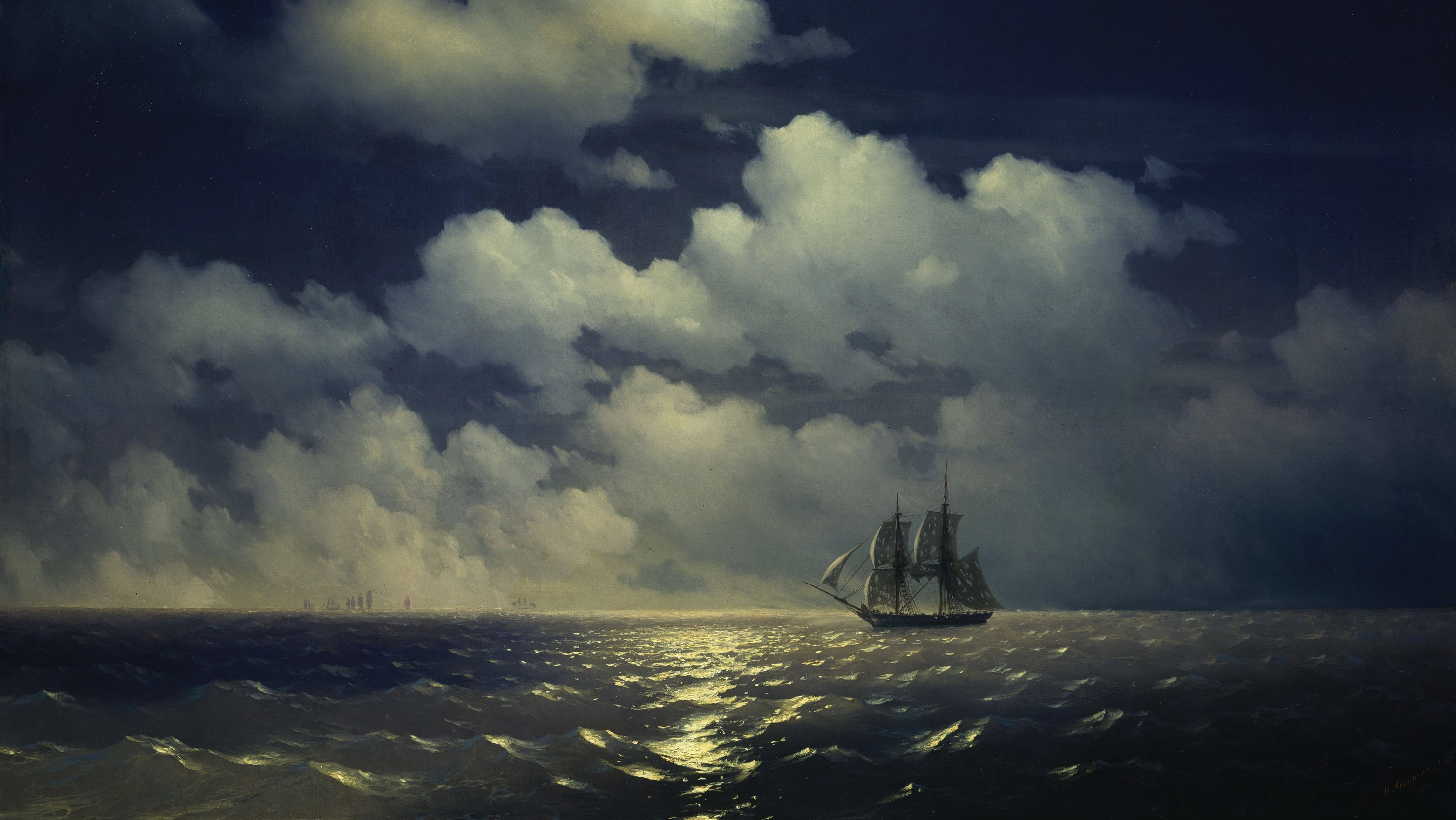 sailing ship, ocean view, Ivan Aivazovsky, clouds, waves, calm waters