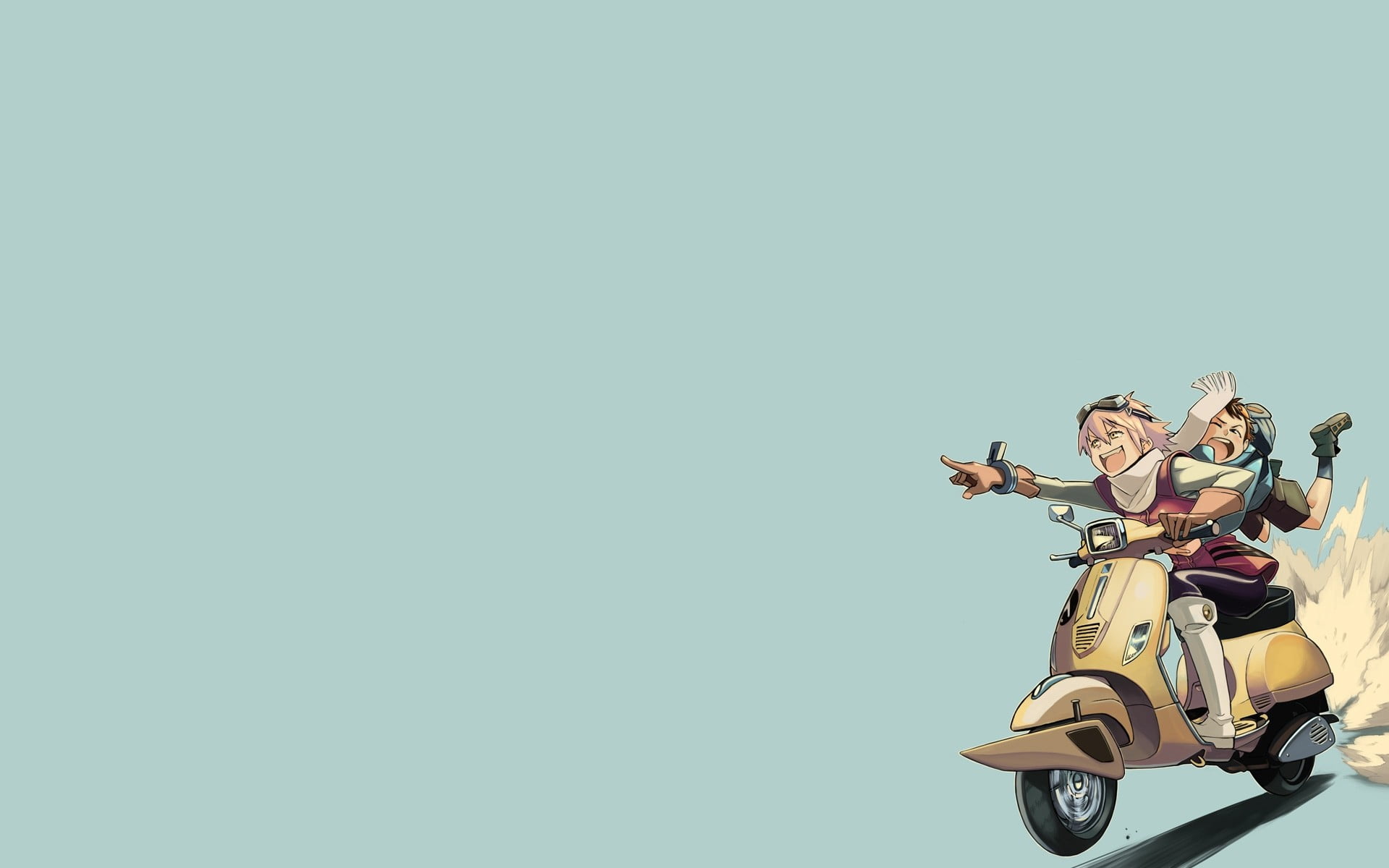 two animated character riding motor scooter digital wallpaper