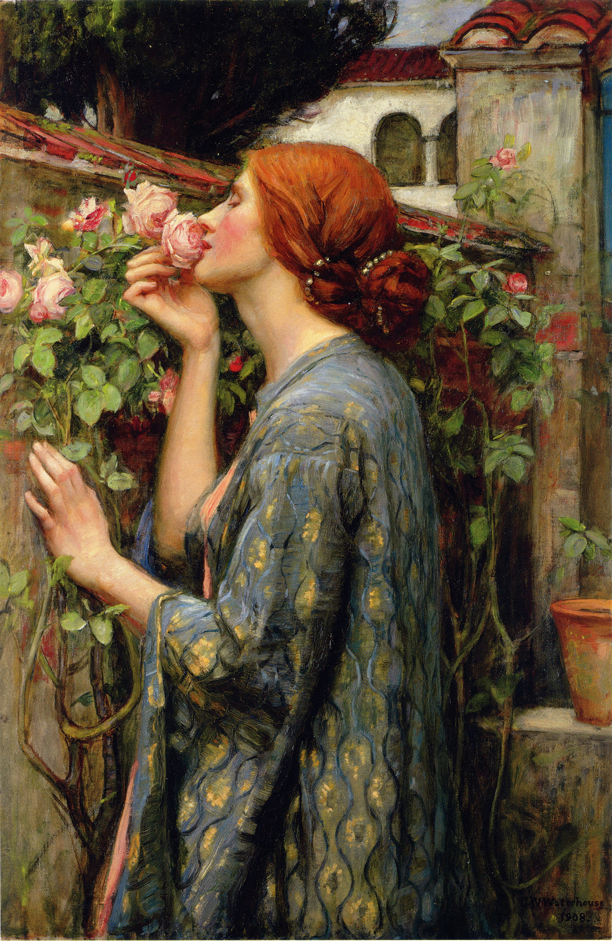 John William Waterhouse, painting, women, flowers, plants, blue dress