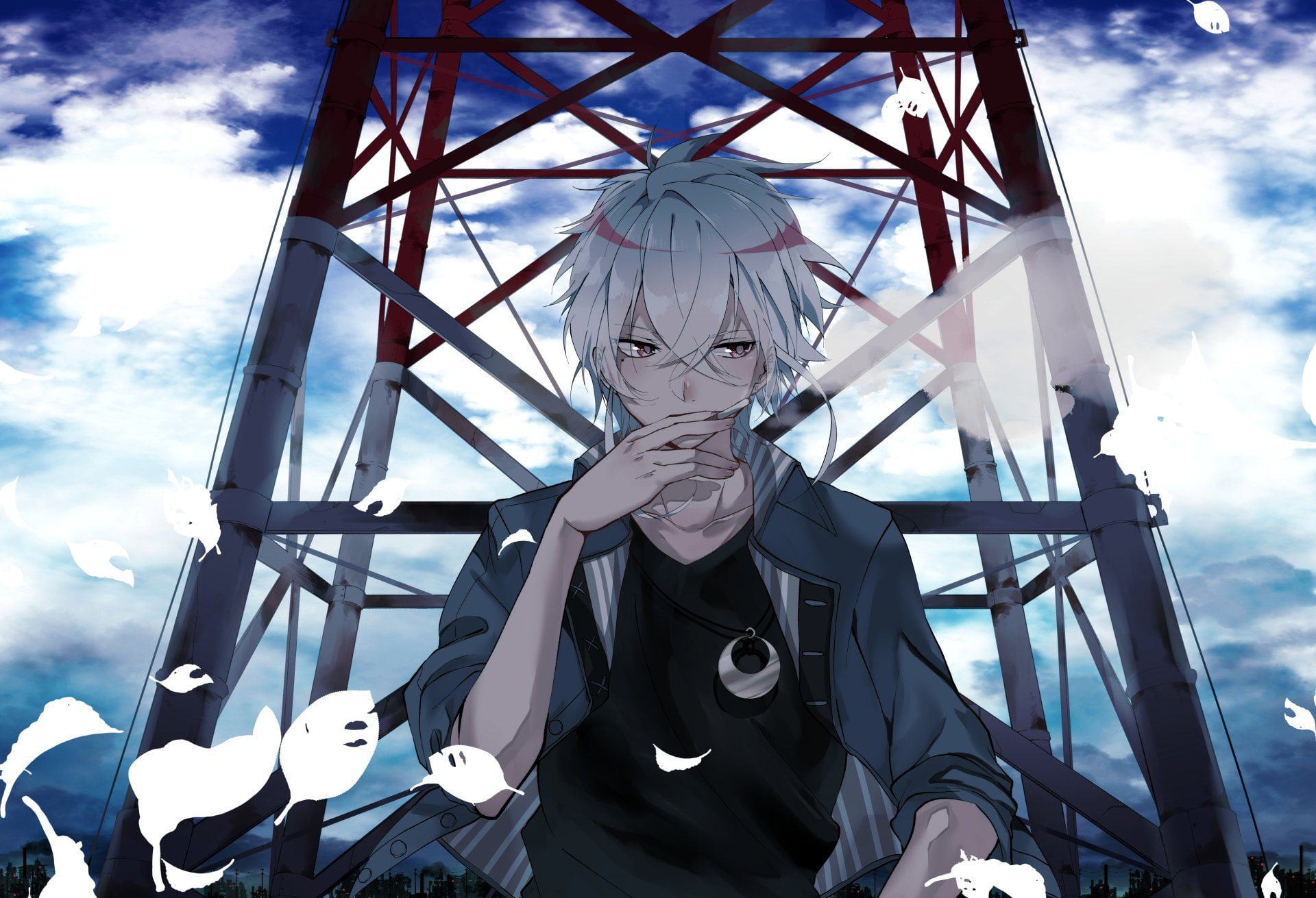 Anime, Original, Boy, Cigarette, Coat, Necklace, Red Eyes, Smoke