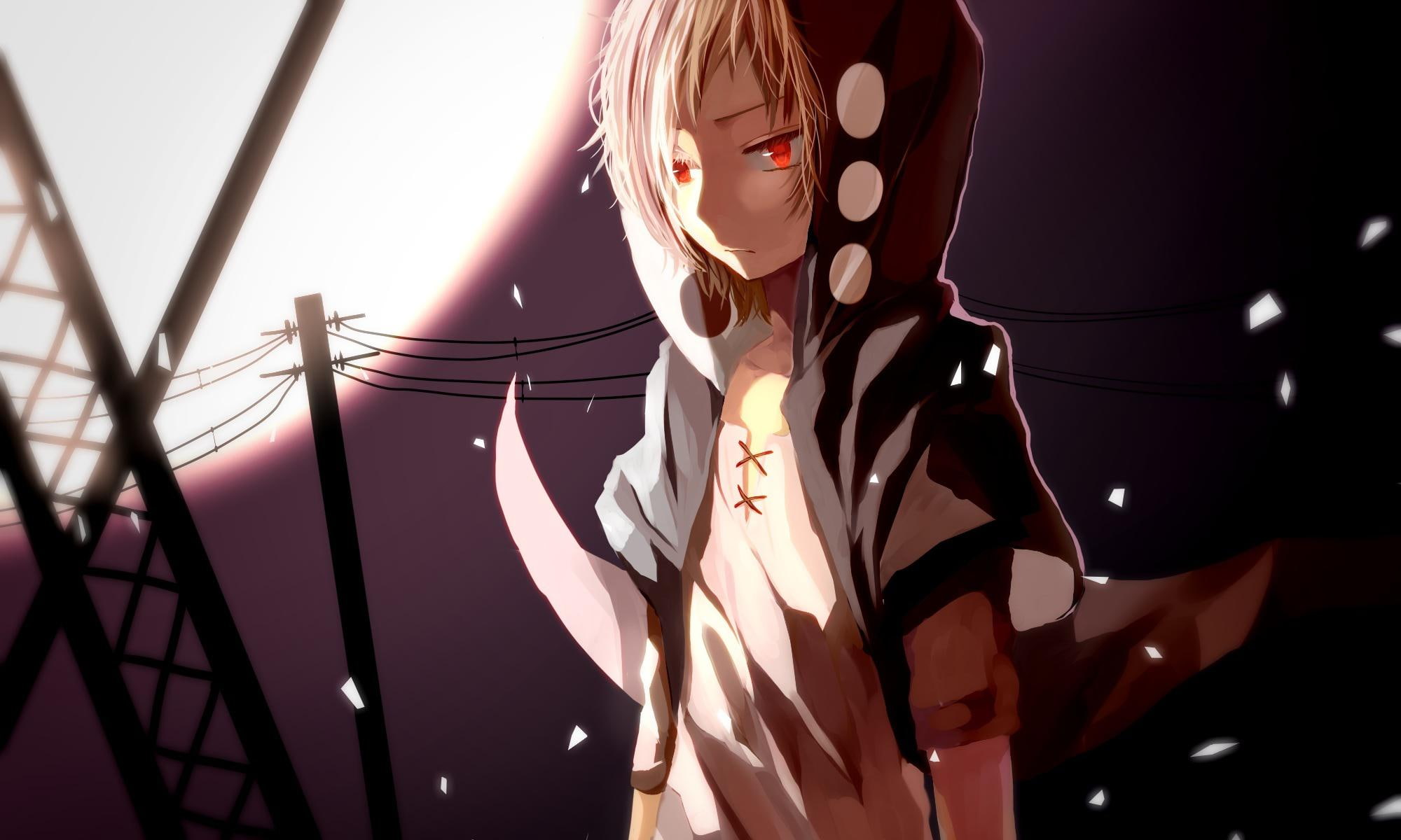ri-rihoo, kagerou project, vocaloid, art, kid, light, hood, anime character in [pink hair and black jacket
