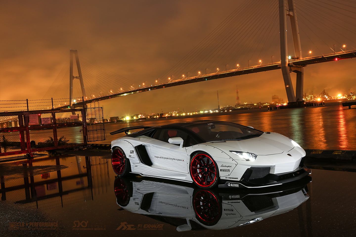 landscape photography of sports car near body of water and bridge
