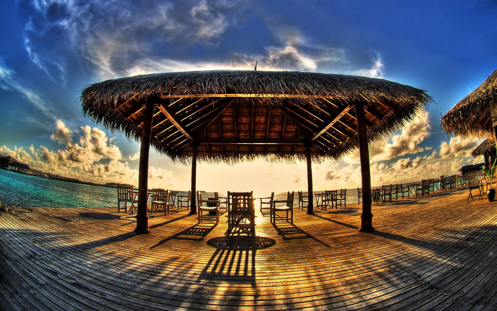 hut, HDR, beach, wooden surface, sunlight, fisheye lens, sky