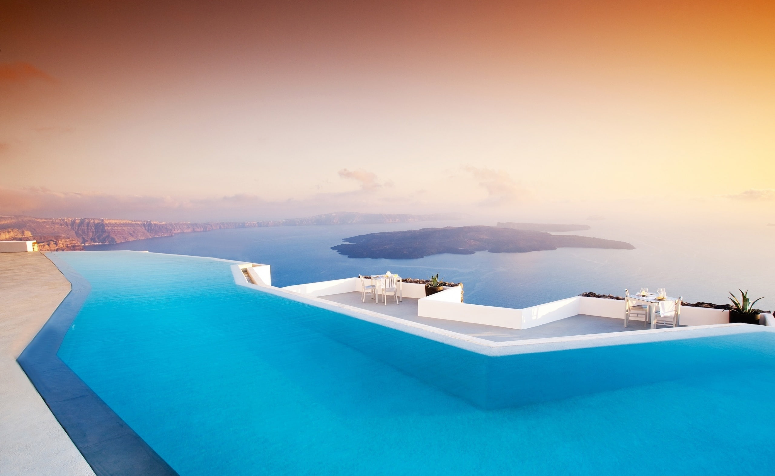 Relaxation, blue swimming pool, Europe, Greece, Beautiful, Panoramic