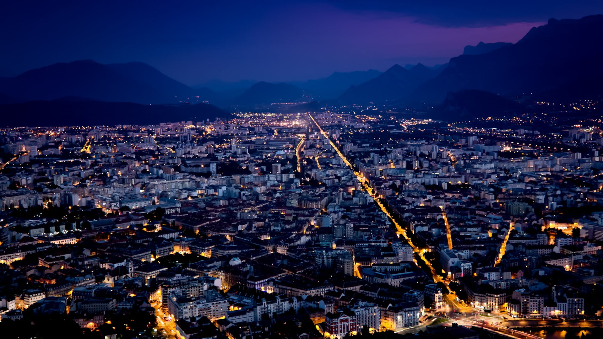 city digital wallpaper, cityscape, night, lights, Grenoble, France