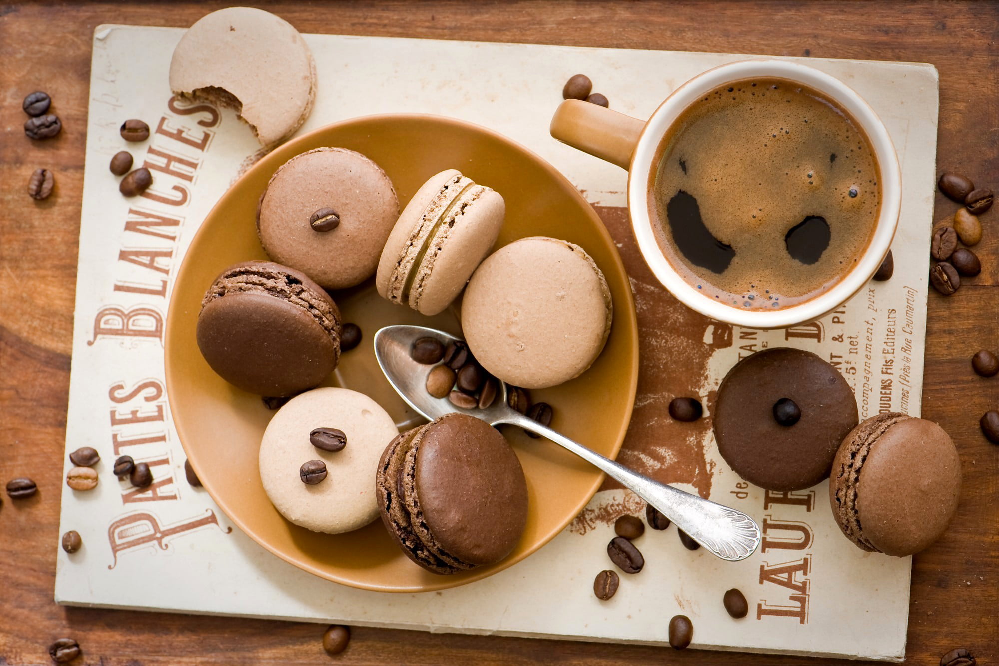 round macarons, coffee, grain, cookies, plate, spoon, Cup, sweets