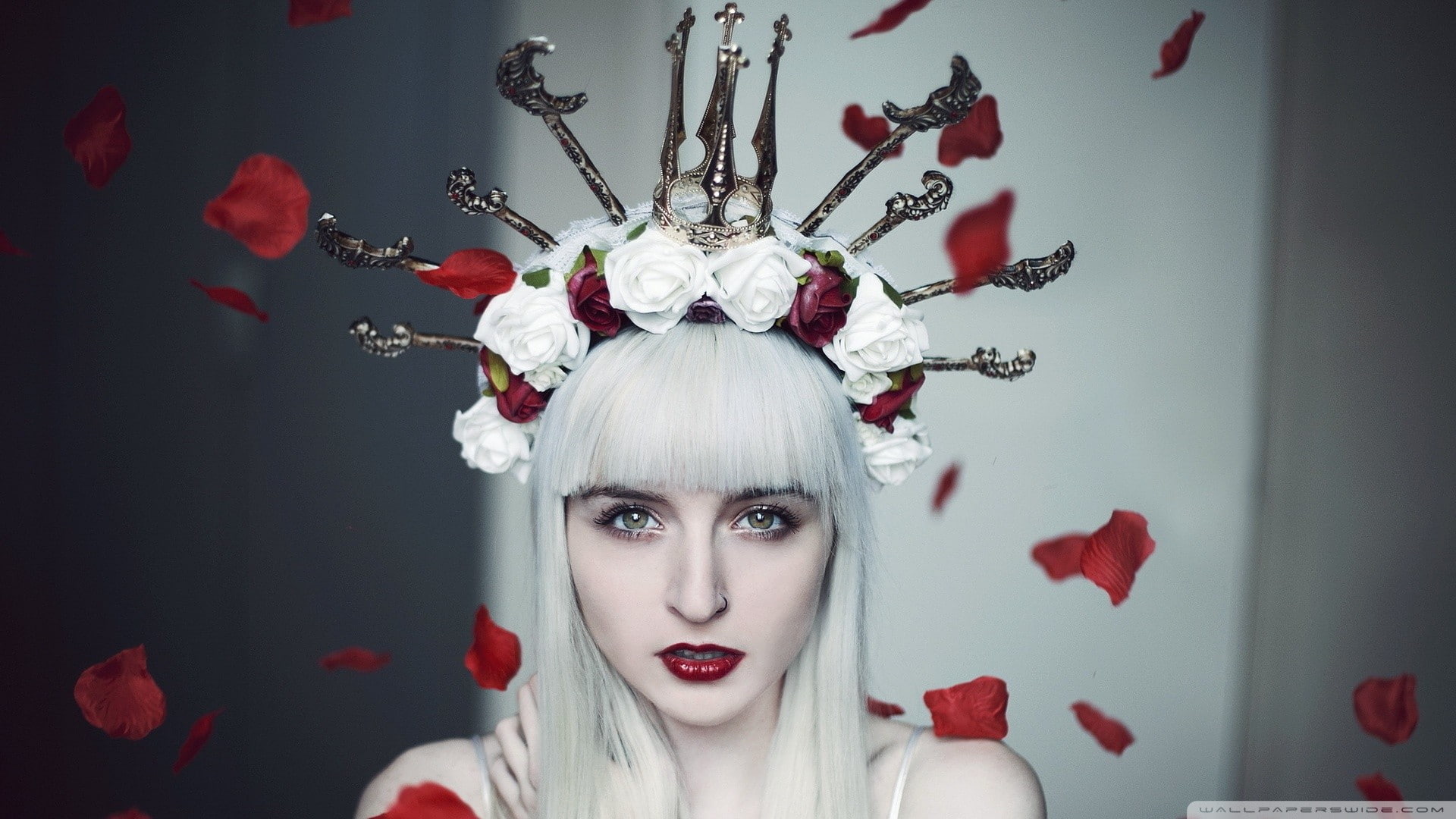 rose, white, fantasy art, women, model, fantasy girl, crown