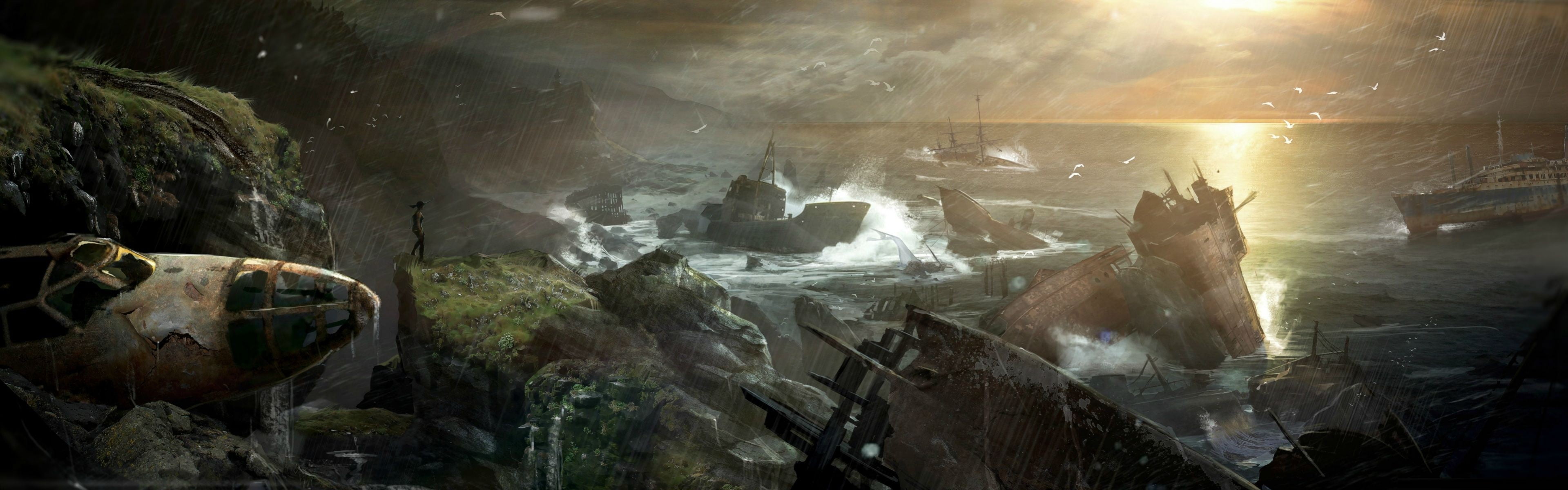 shipwrecks near island digital wallpaper, Tomb Raider, sea, rain