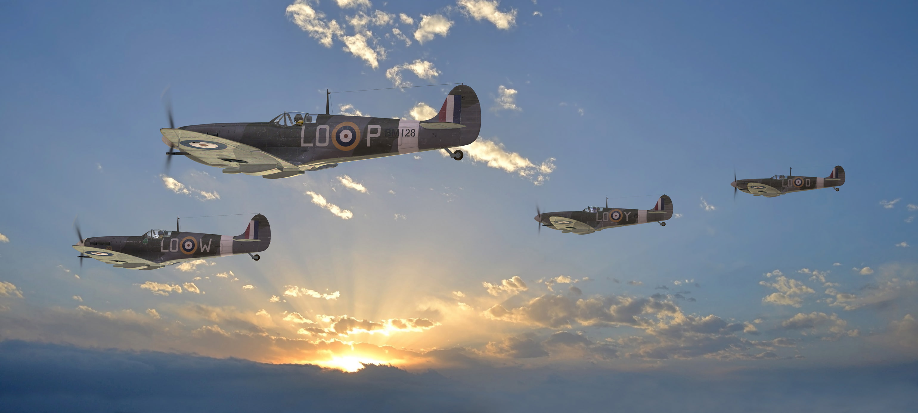 the sky, the sun, clouds, rays, figure, fighters, WW2, British